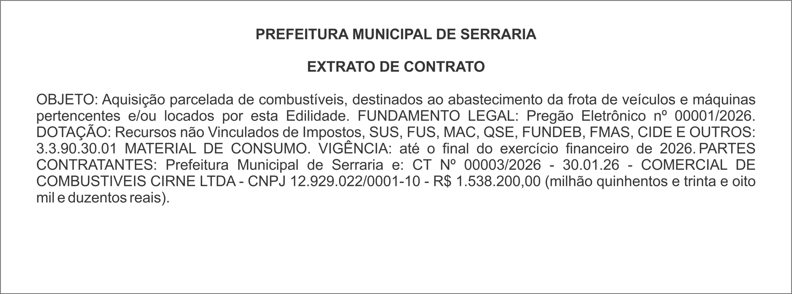 PREFEITURA MUNICIPAL DE SERRARIA – EXTRATO DE CONTRATO
