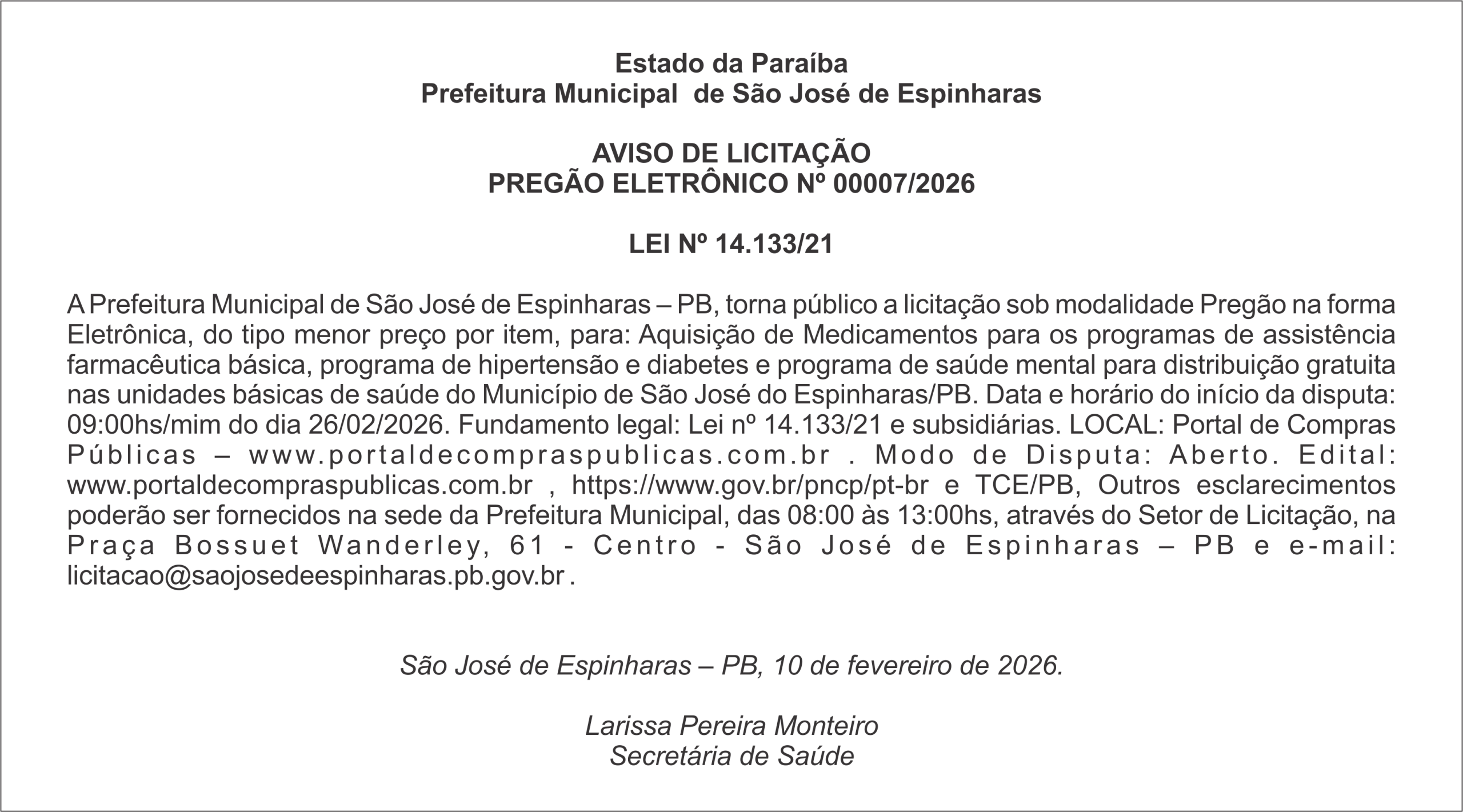 PREFEITURA DE SÃO JOSÉ DE ESPINHARAS – AVISO DE LICITAÇÃO PREGÃO ELETRÔNICO Nº 00007/2026