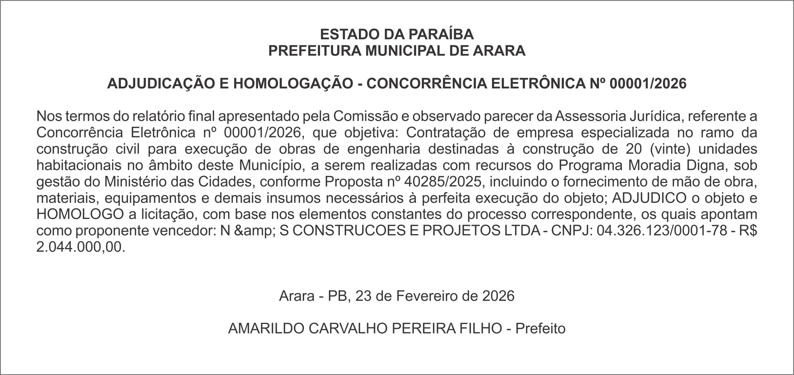 PREFEITURA MUNICIPAL DE ARARA – ADJUDICAÇÃO E HOMOLOGAÇÃO – CONCORRÊNCIA ELETRÔNICA Nº 00001/2026