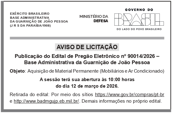 BASE ADMINISTRATIVA DA GUARNIÇÃO DE JOÃO PESSOA – PB – AVISO DE LICITAÇÃO – PREGÃO ELETRÔNICO N° 90014/2026