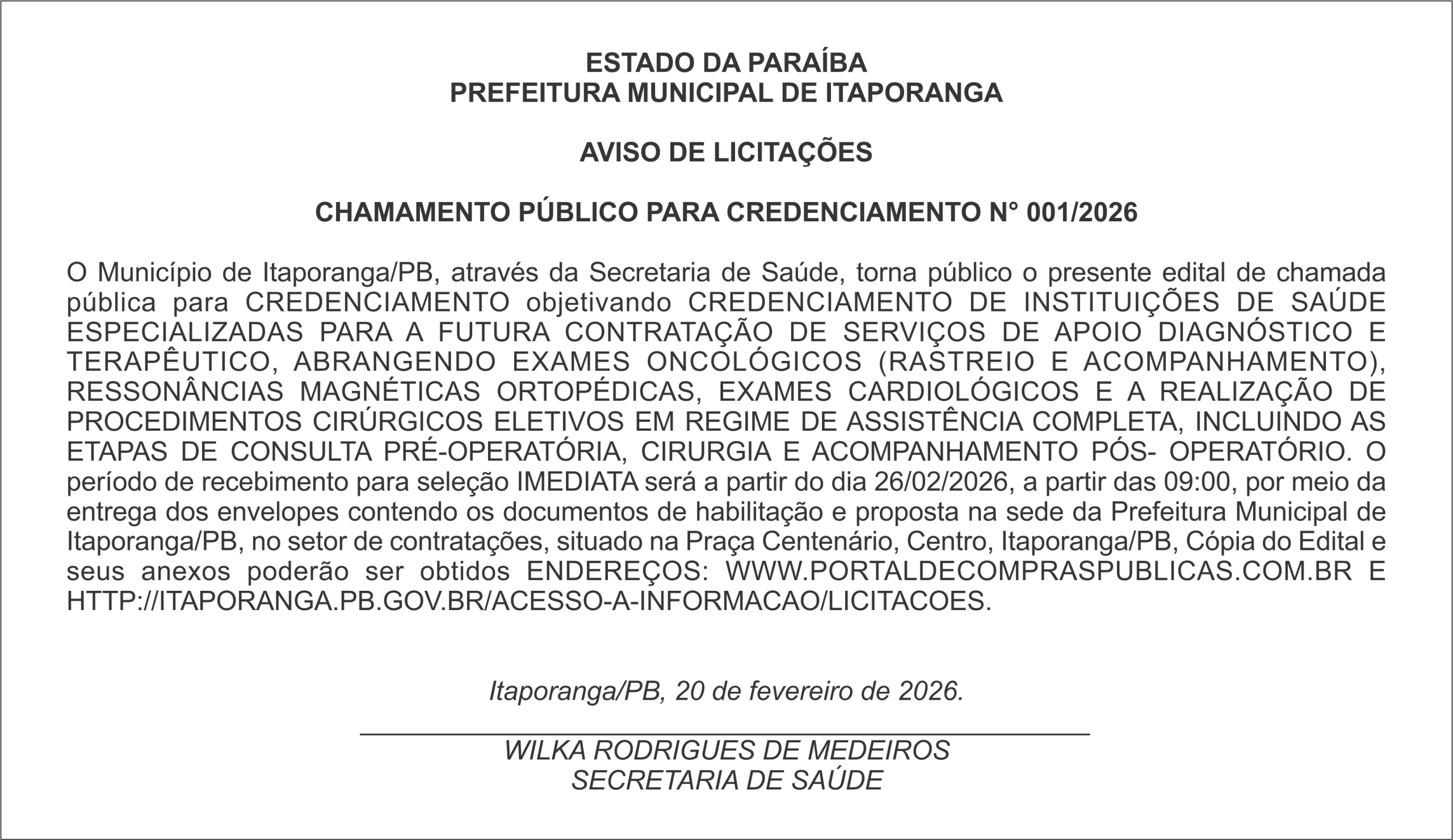PREFEITURA MUNICIPAL DE ITAPORANGA – AVISO DE LICITAÇÕES  CHAMAMENTO PÚBLICO PARA CREDENCIAMENTO N° 001/2026