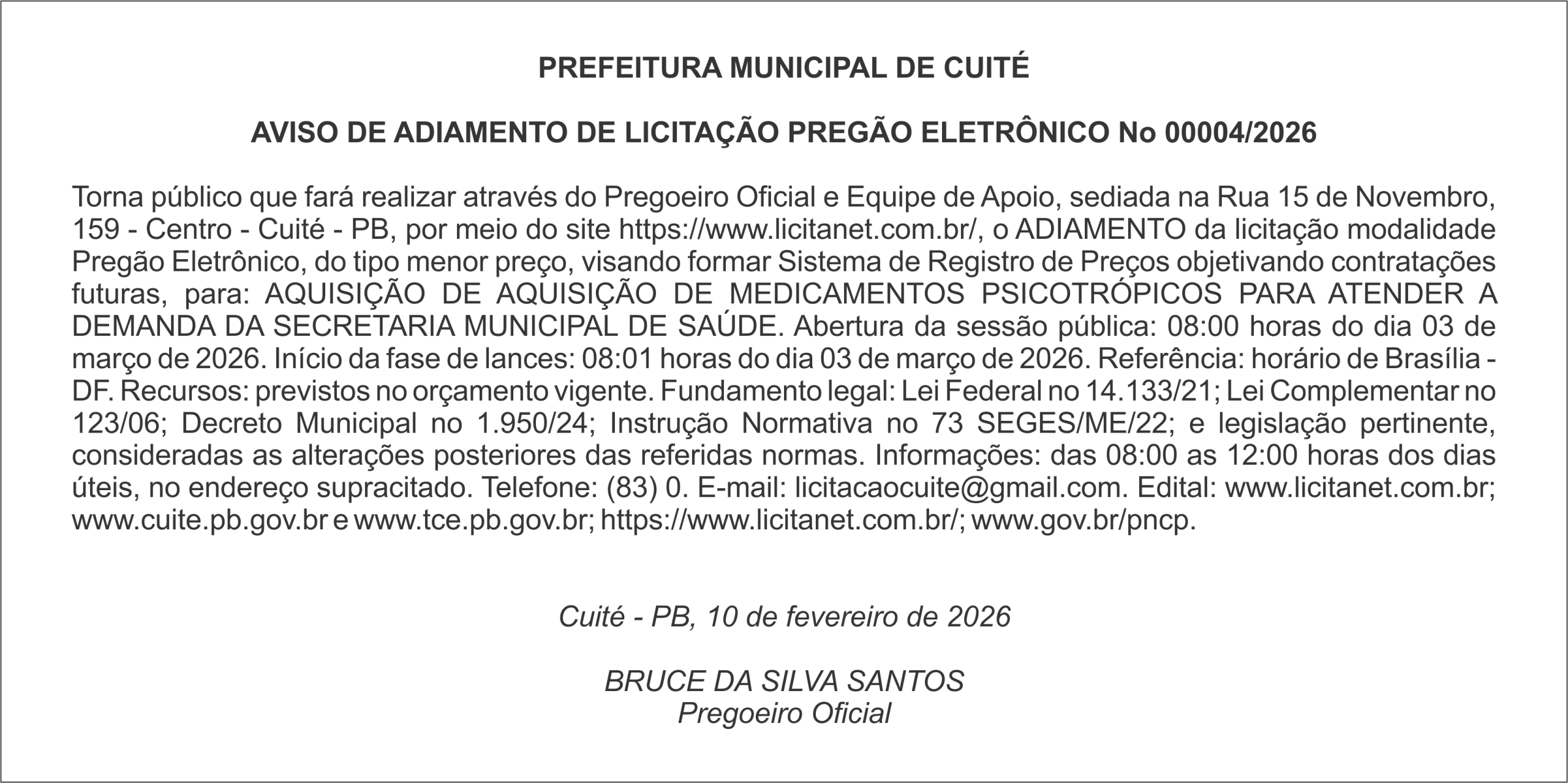 PREFEITURA MUNICIPAL DE CUITÉ – AVISO DE ADIAMENTO DE LICITAÇÃO – PREGÃO ELETRÔNICO No 00004/2026