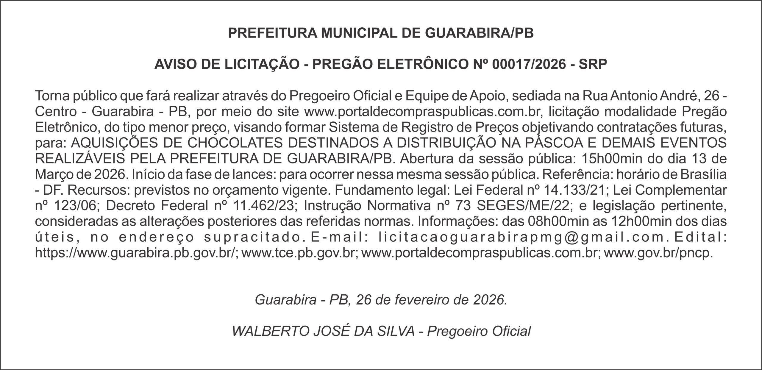 PREFEITURA MUNICIPAL DE GUARABIRA/PB – AVISO DE LICITAÇÃO – PREGÃO ELETRÔNICO Nº 00017/2026 – SRP