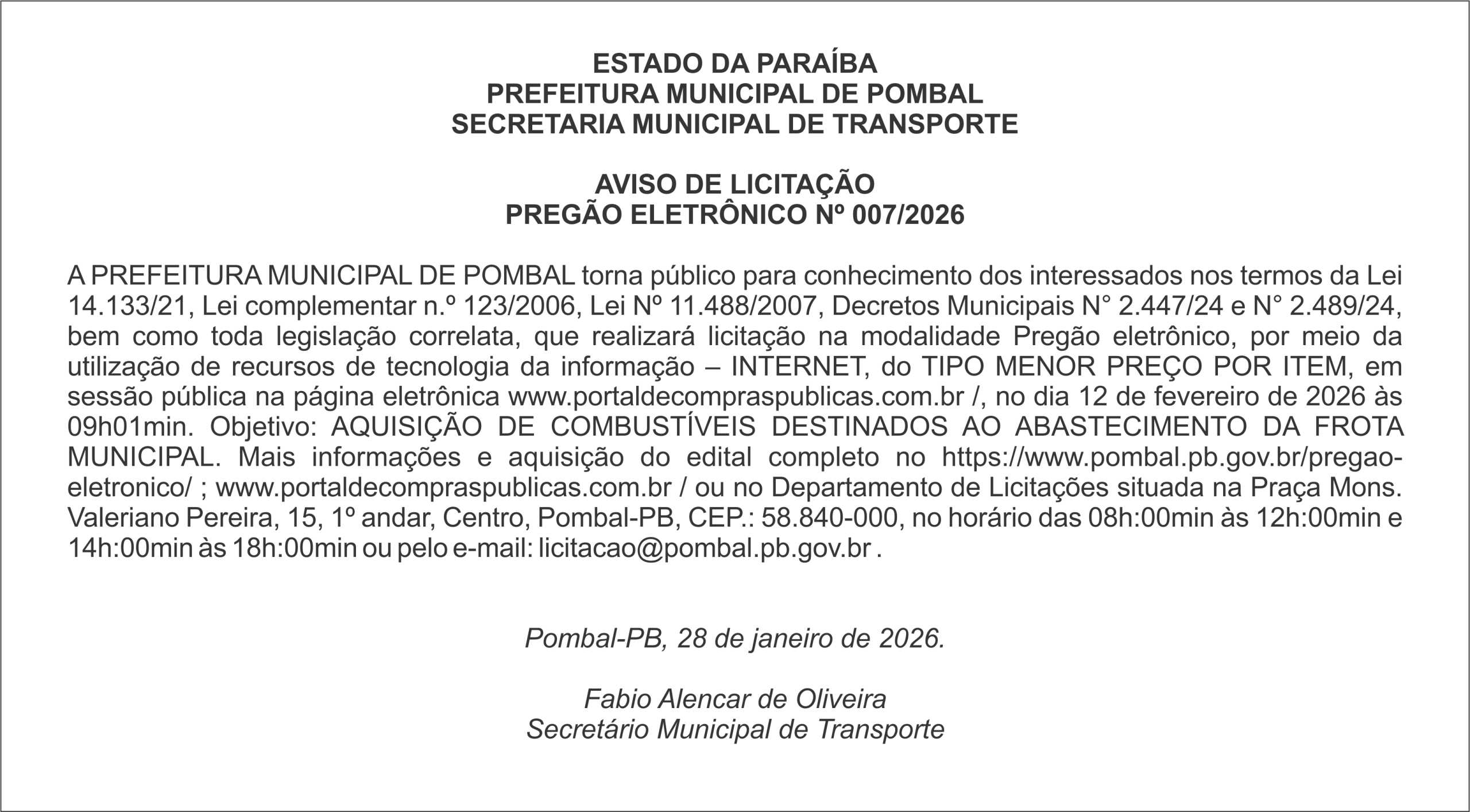 PREFEITURA MUNICIPAL DE POMBAL – AVISO DE LICITAÇÃO – PREGÃO ELETRÔNICO Nº 007/2026