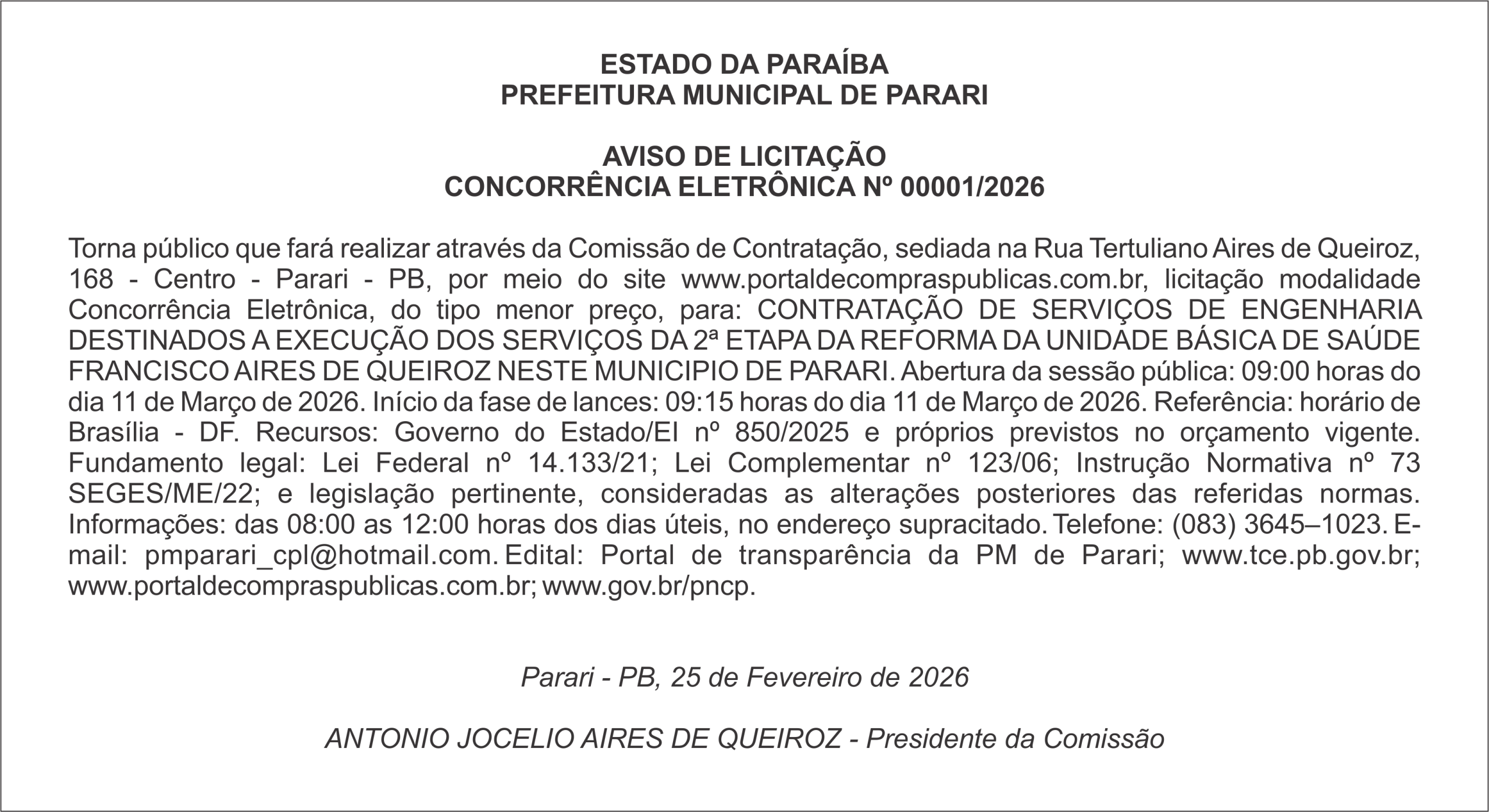 PREFEITURA MUNICIPAL DE PARARI  – AVISO DE LICITAÇÃO CONCORRÊNCIA ELETRÔNICA Nº 00001/2026