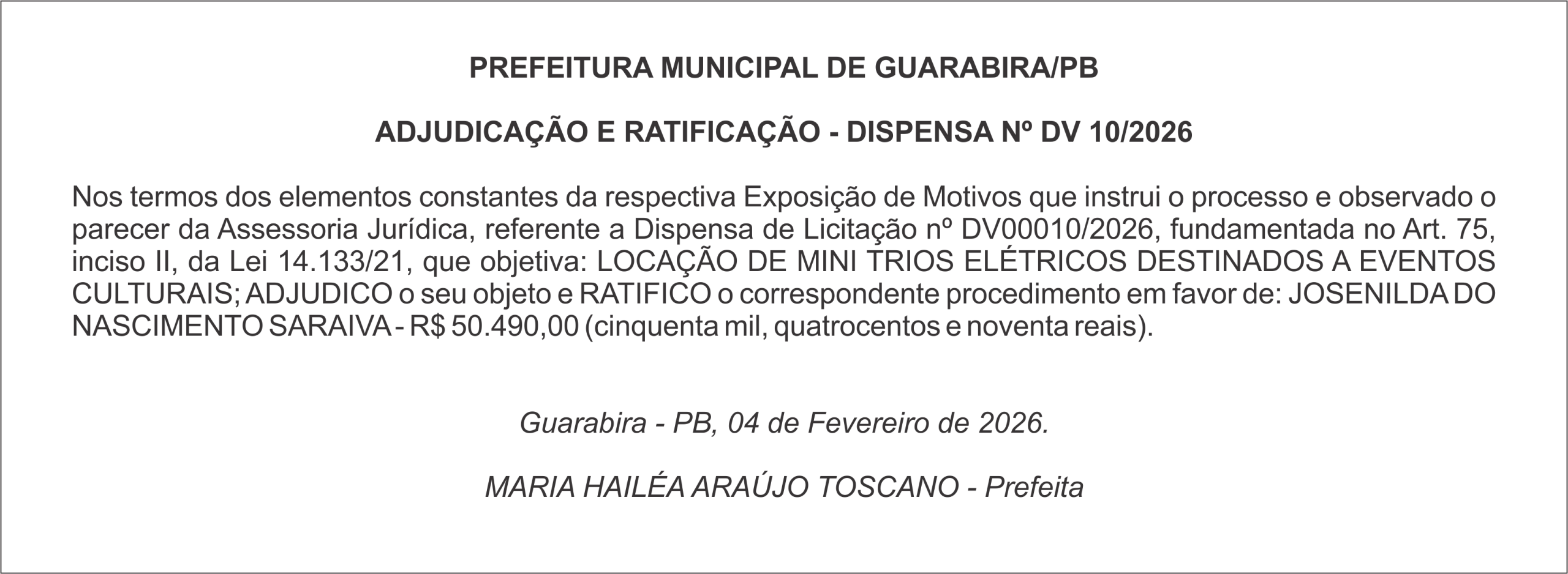 PREFEITURA MUNICIPAL DE GUARABIRA/PB – ADJUDICAÇÃO E RATIFICAÇÃO – DISPENSA Nº DV 10/2026