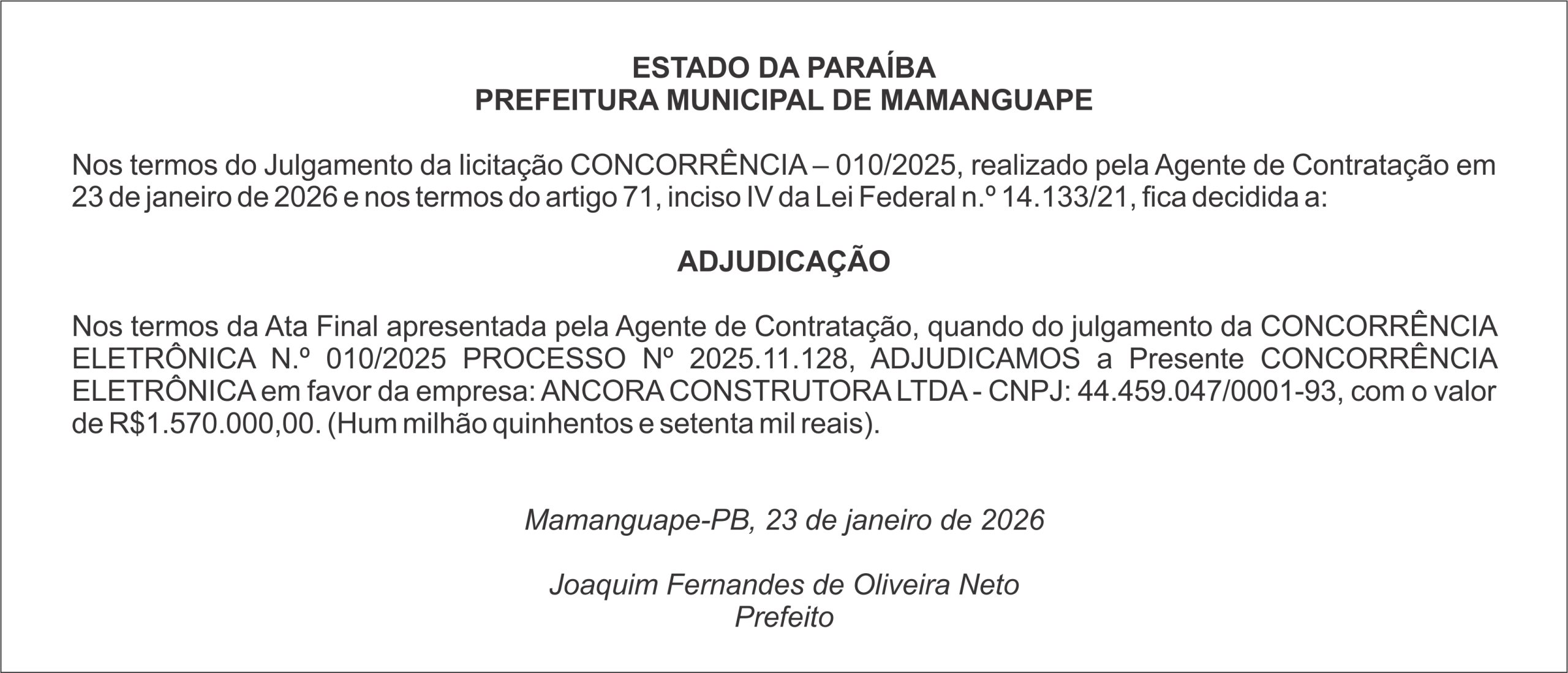 PREFEITURA DE MAMANGUAPE – ADJUDICAÇÃO
