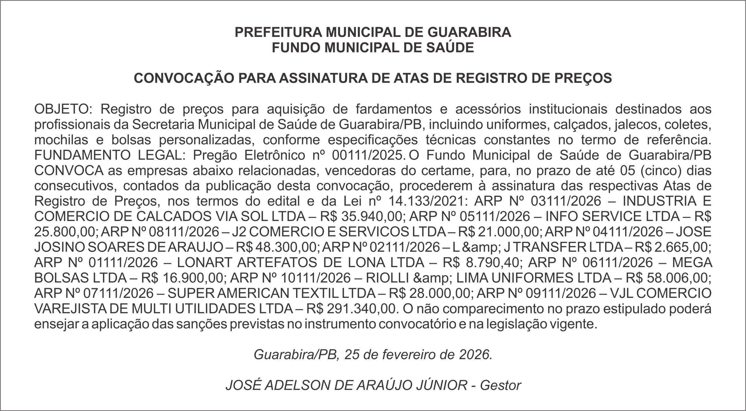 PREFEITURA MUNICIPAL DE GUARABIRA FUNDO MUNICIPAL DE SAÚDE   CONVOCAÇÃO PARA ASSINATURA DE ATAS DE REGISTRO DE PREÇOS