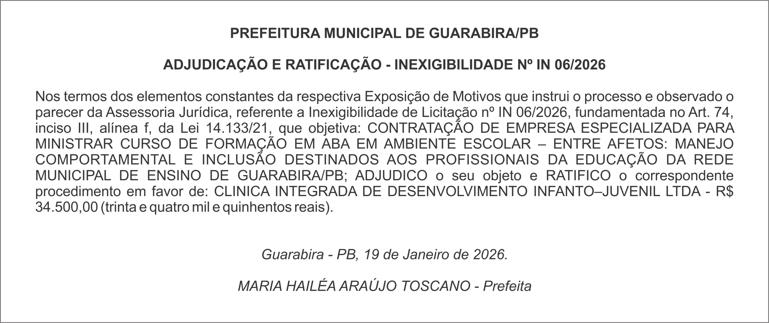 PREFEITURA MUNICIPAL DE GUARABIRA/PB – ADJUDICAÇÃO E RATIFICAÇÃO – INEXIGIBILIDADE Nº IN 06/2026