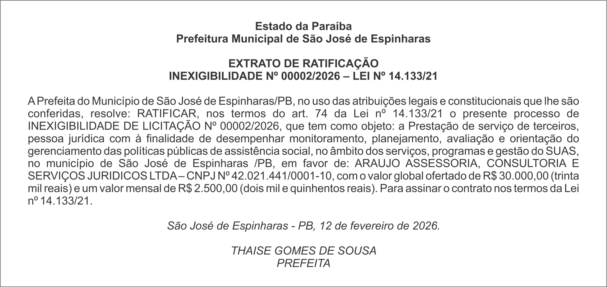 PREFEITURA DE SÃO JOSÉ DE ESPINHARAS – EXTRATO DE RATIFICAÇÃO INEXIGIBILIDADE Nº 00002/2026
