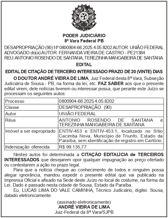 SECRETARIA NACIONAL DE SEGURANÇA HIDRICA – SNSH – MDR – DF – BRASÍLIA – Edital de Citação de Terceiro Interessado – ENTIV-453 e ENTIV-453.1 (ANTÔNIO ROZENDO DE SANTANA)