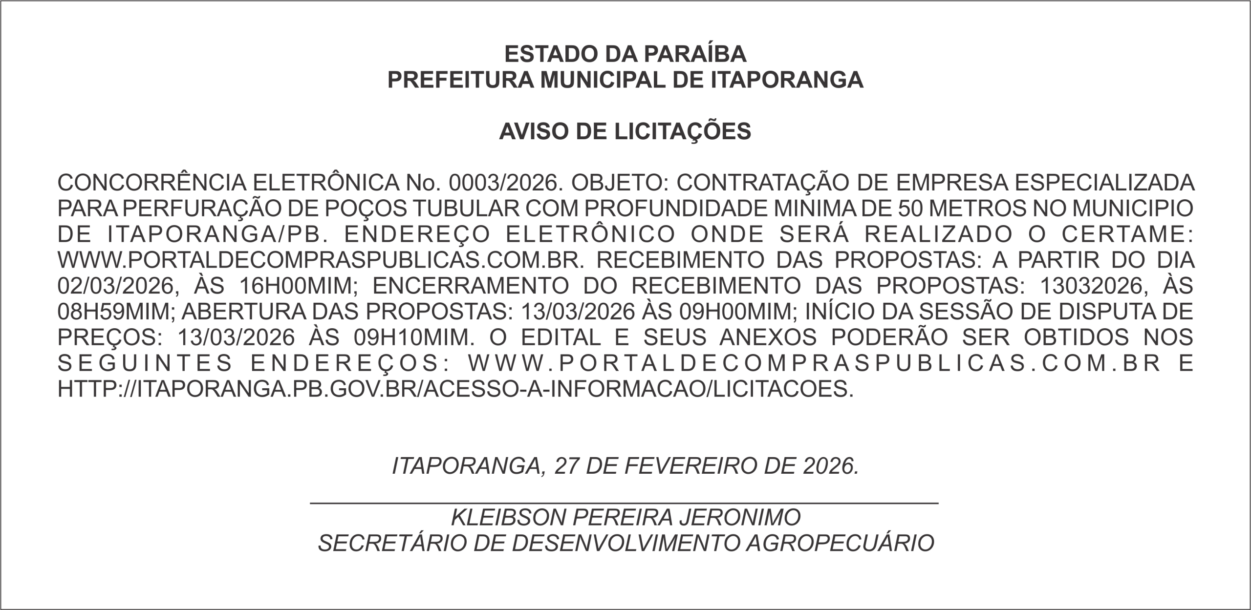 PREFEITURA MUNICIPAL DE ITAPORANGA – AVISO DE LICITAÇÕES – CONCORRÊNCIA ELETRÔNICA No. 0003/2026