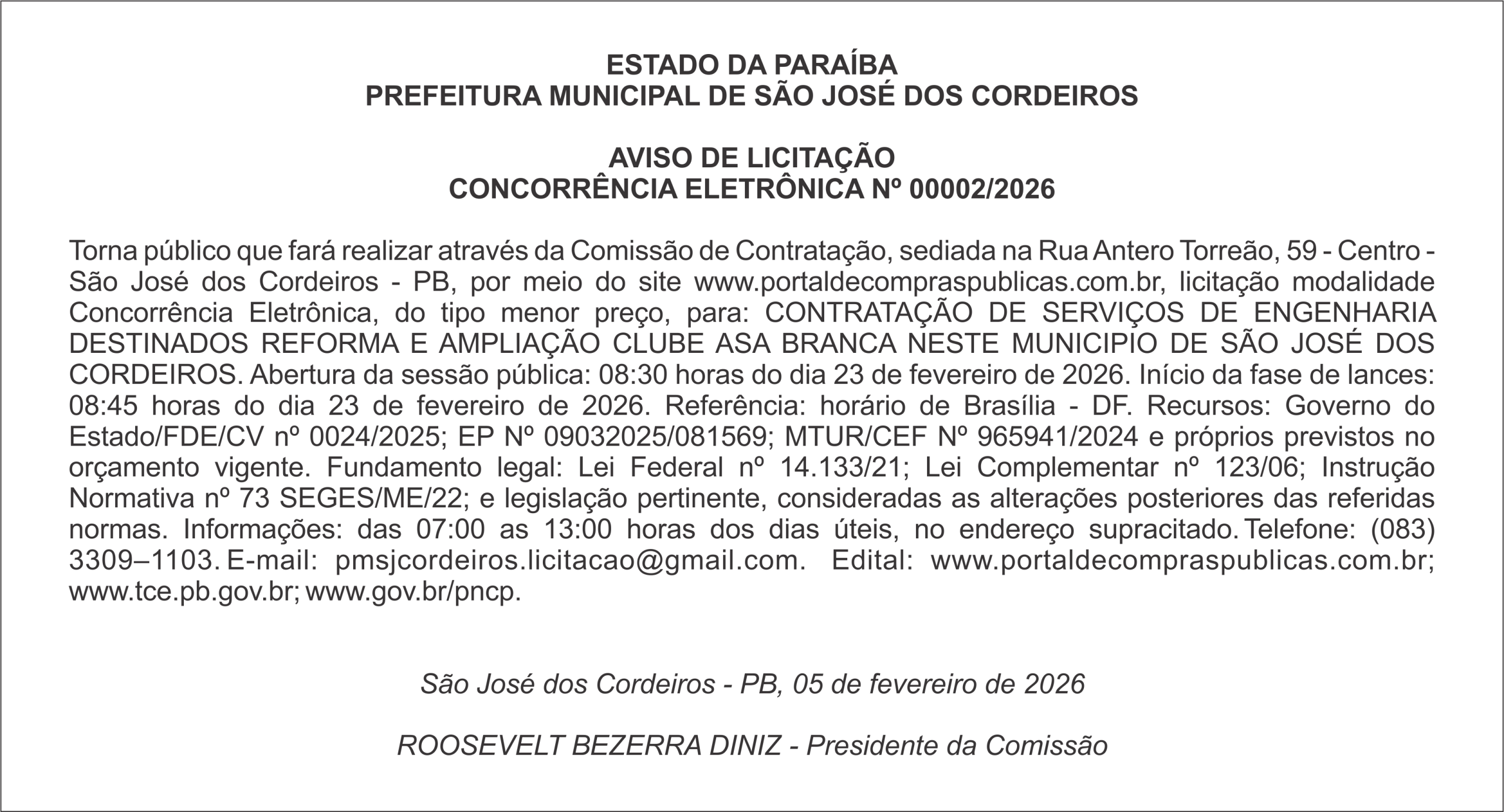PREFEITURA MUNICIPAL DE SÃO JOSÉ DOS CORDEIROS – AVISO DE LICITAÇÃO – CONCORRÊNCIA ELETRÔNICA Nº 00002/2026