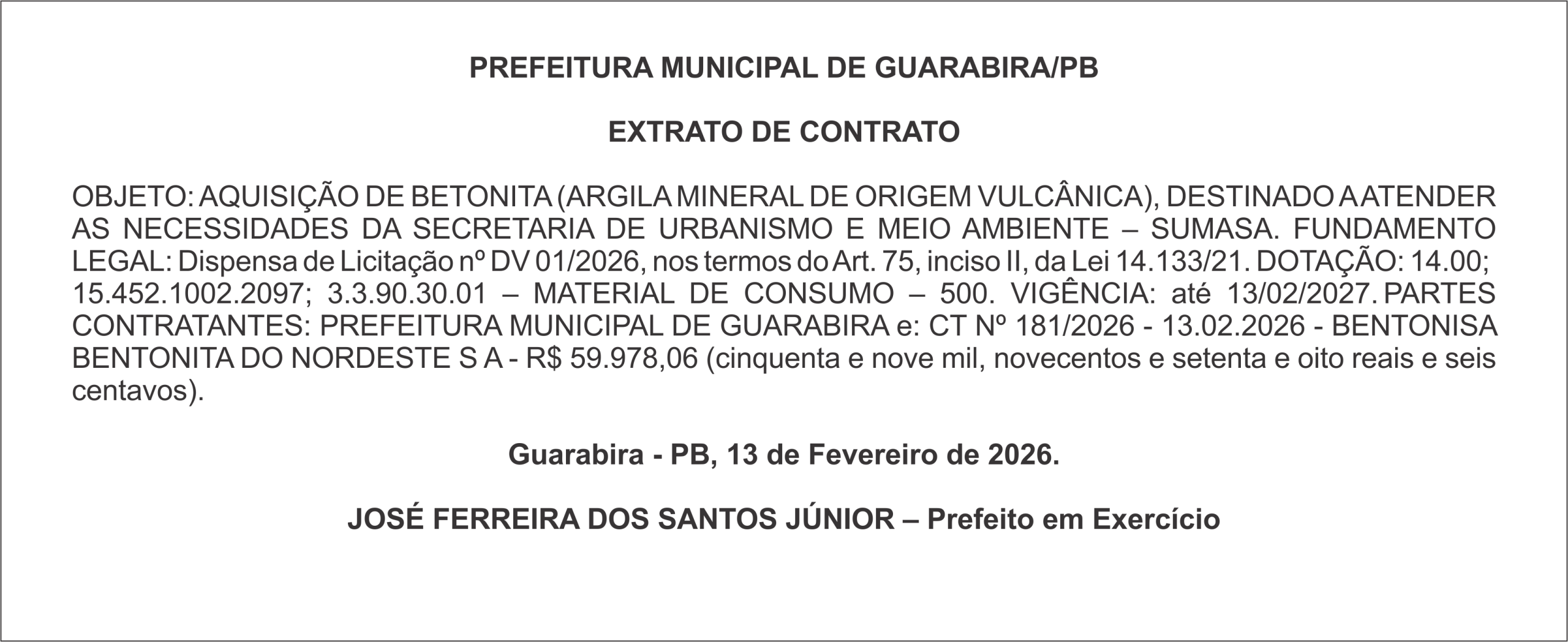 PREFEITURA MUNICIPAL DE GUARABIRA/PB – EXTRATO DE CONTRATO