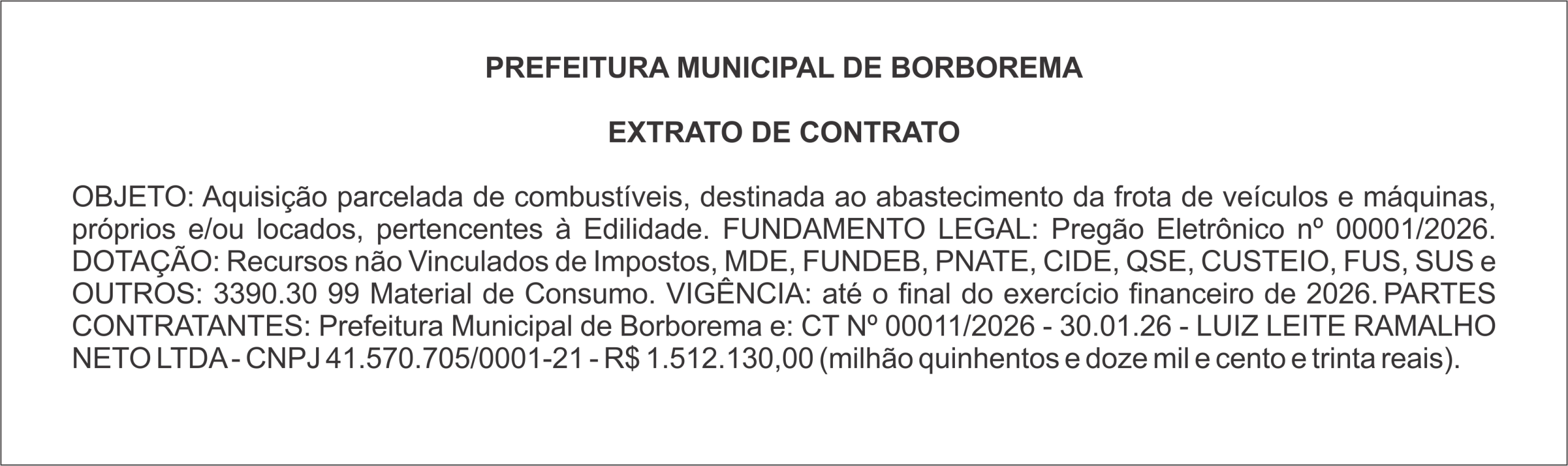 PREFEITURA MUNICIPAL DE BORBOREMA – EXTRATO DE CONTRATO