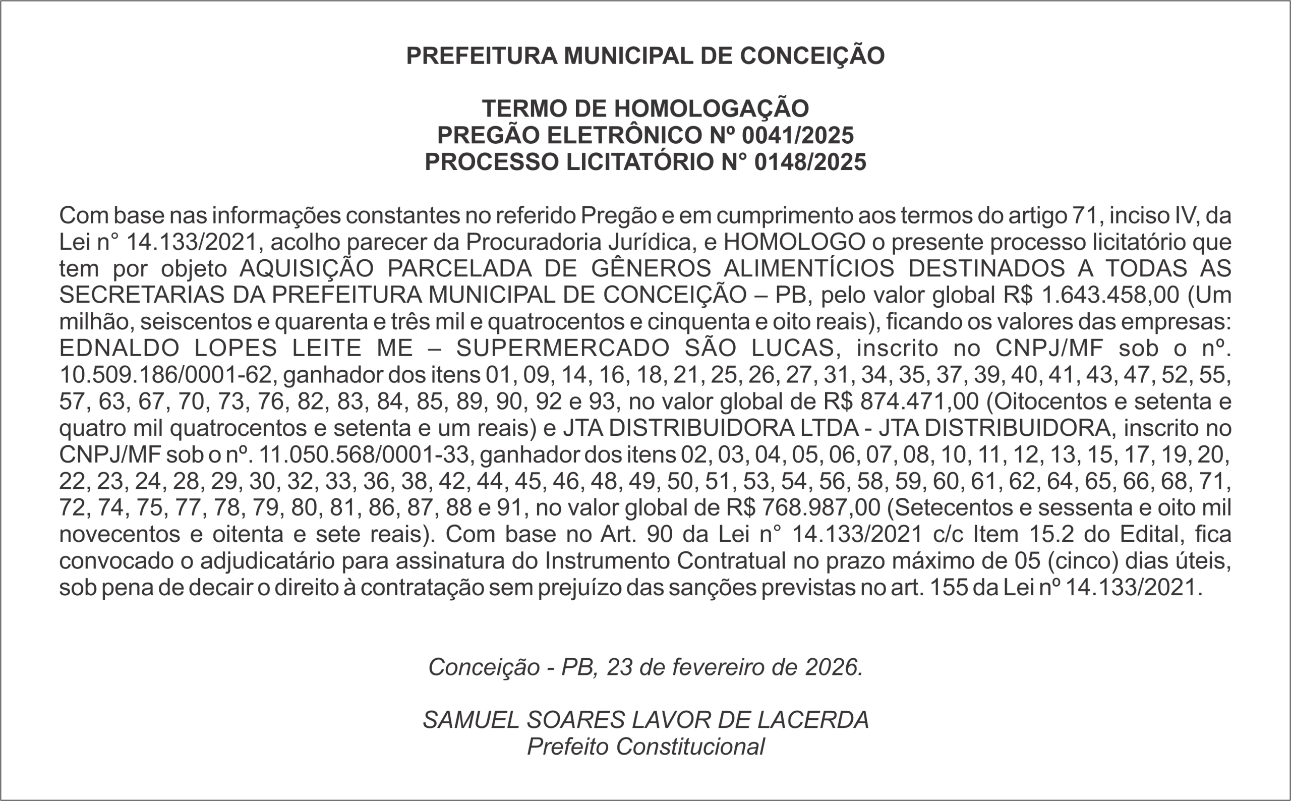 PREFEITURA MUNICIPAL DE CONCEIÇÃO/PB – TERMO DE HOMOLOGAÇÃO – PREGÃO ELETRÔNICO Nº 0041/2025