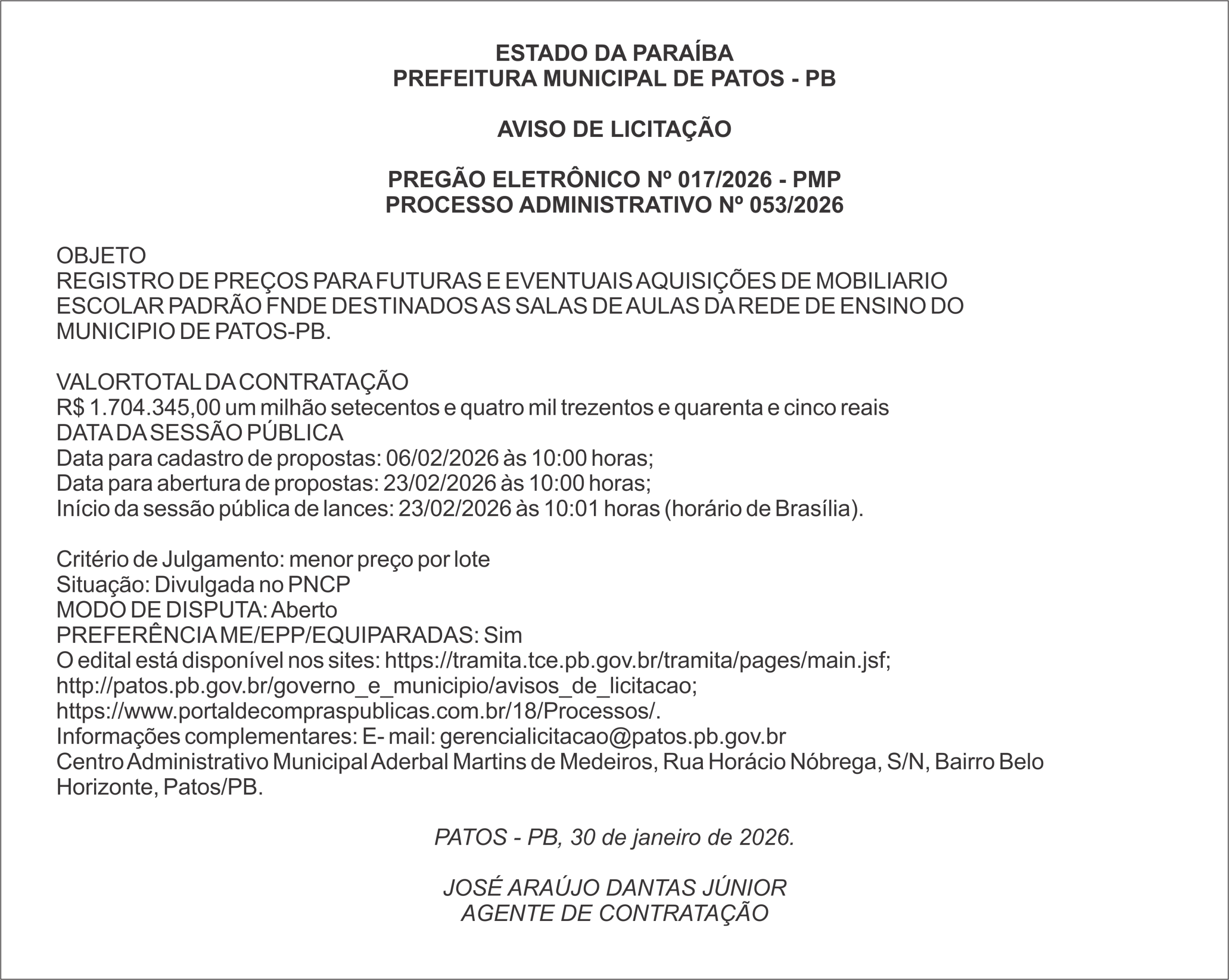 PREFEITURA MUNICIPAL DE PATOS – PB – PREGÃO ELETRÔNICO Nº 017/2026 – PMP