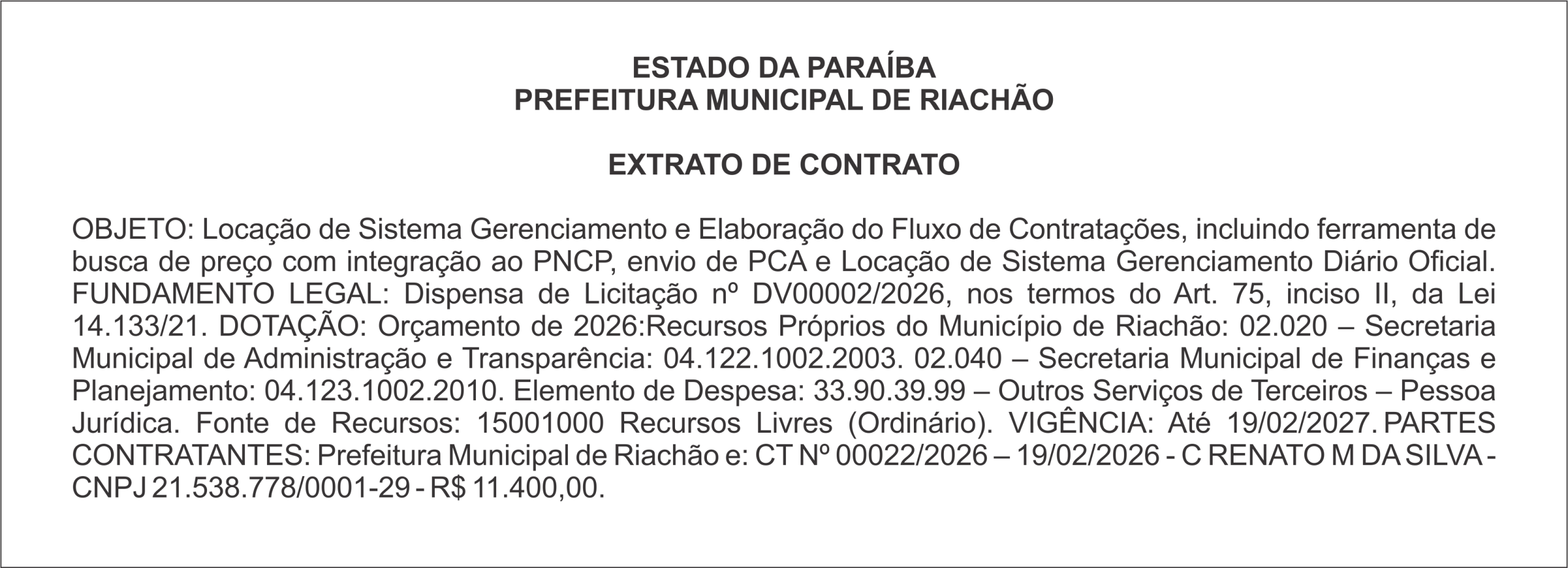 PREFEITURA MUNICIPAL DE RIACHÃO – EXTRATO DE CONTRATO