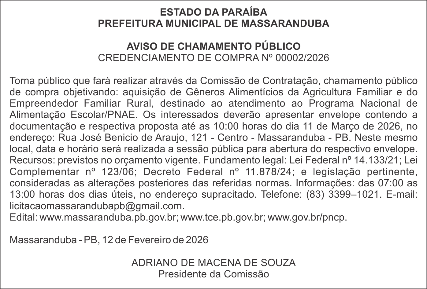 PREFEITURA MUNICIPAL DE MASSARANDUBA – AVISO DE CHAMAMENTO PÚBLICO – CREDENCIAMENTO DE COMPRA Nº 00002/2026