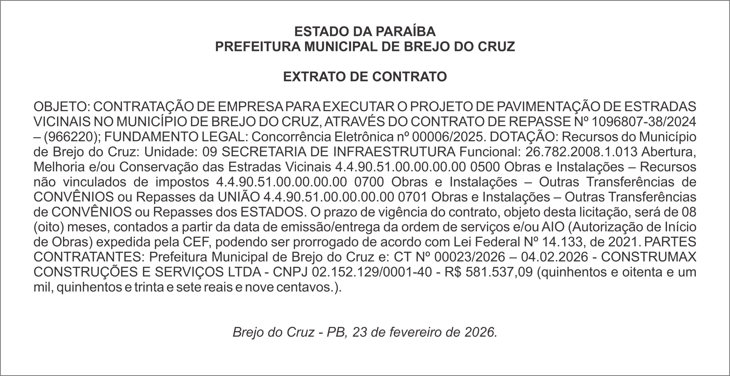 PREFEITURA MUNICIPAL DE BREJO DO CRUZ – EXTRATO DE CONTRATO