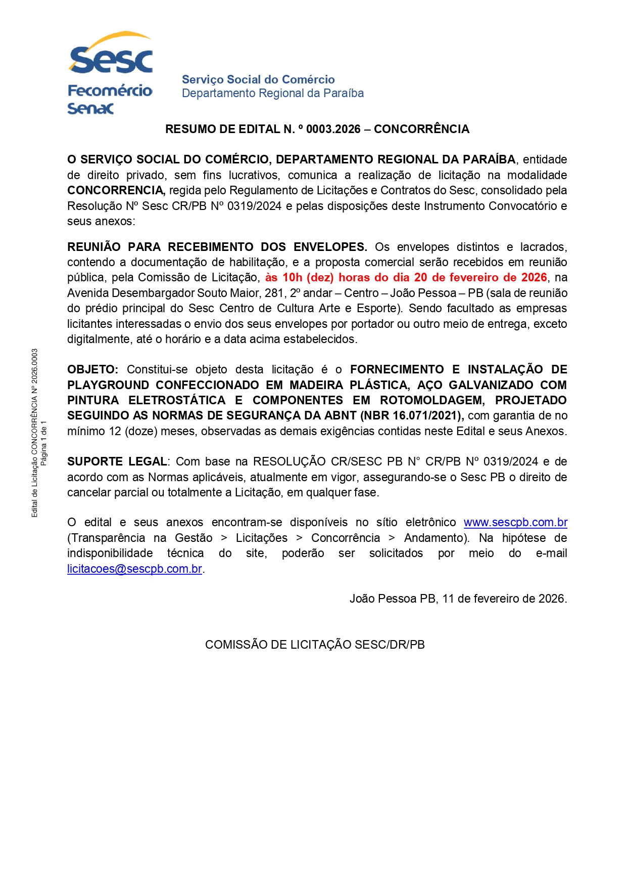 SESC – RESUMO DE EDITAL N. º 0003.2026 – CONCORRÊNCIA