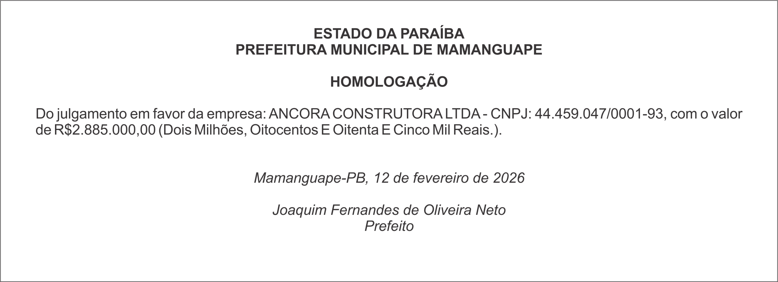 PREFEITURA MUNICIPAL DE MAMANGUAPE – HOMOLOGAÇÃO
