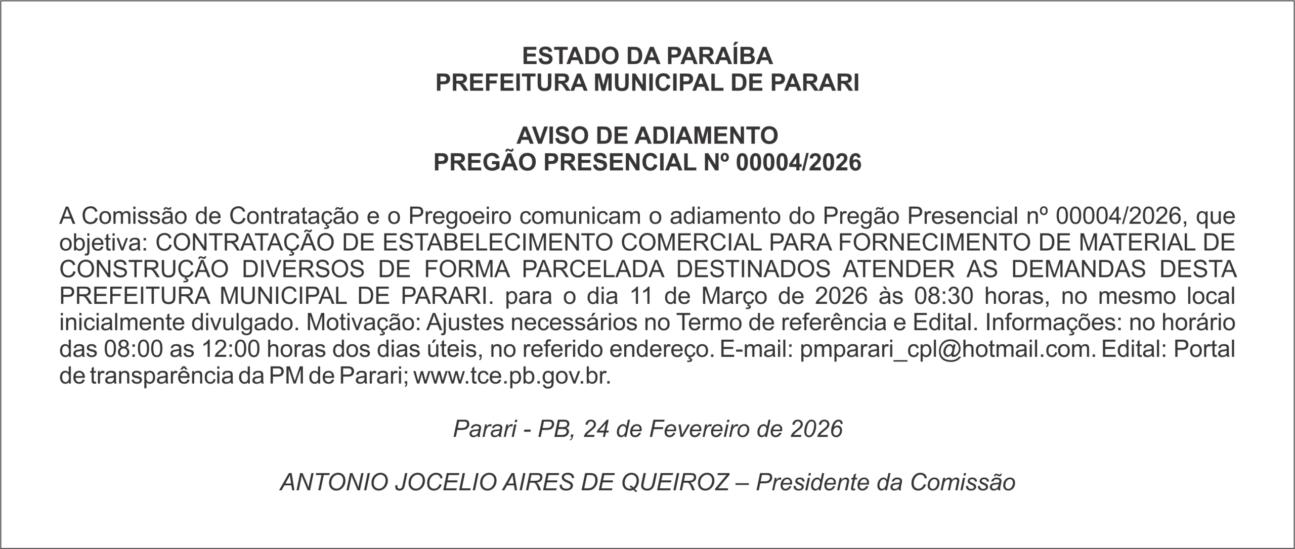 PREFEITURA MUNICIPAL DE PARARI – AVISO DE ADIAMENTO – PREGÃO PRESENCIAL Nº 00004/2026