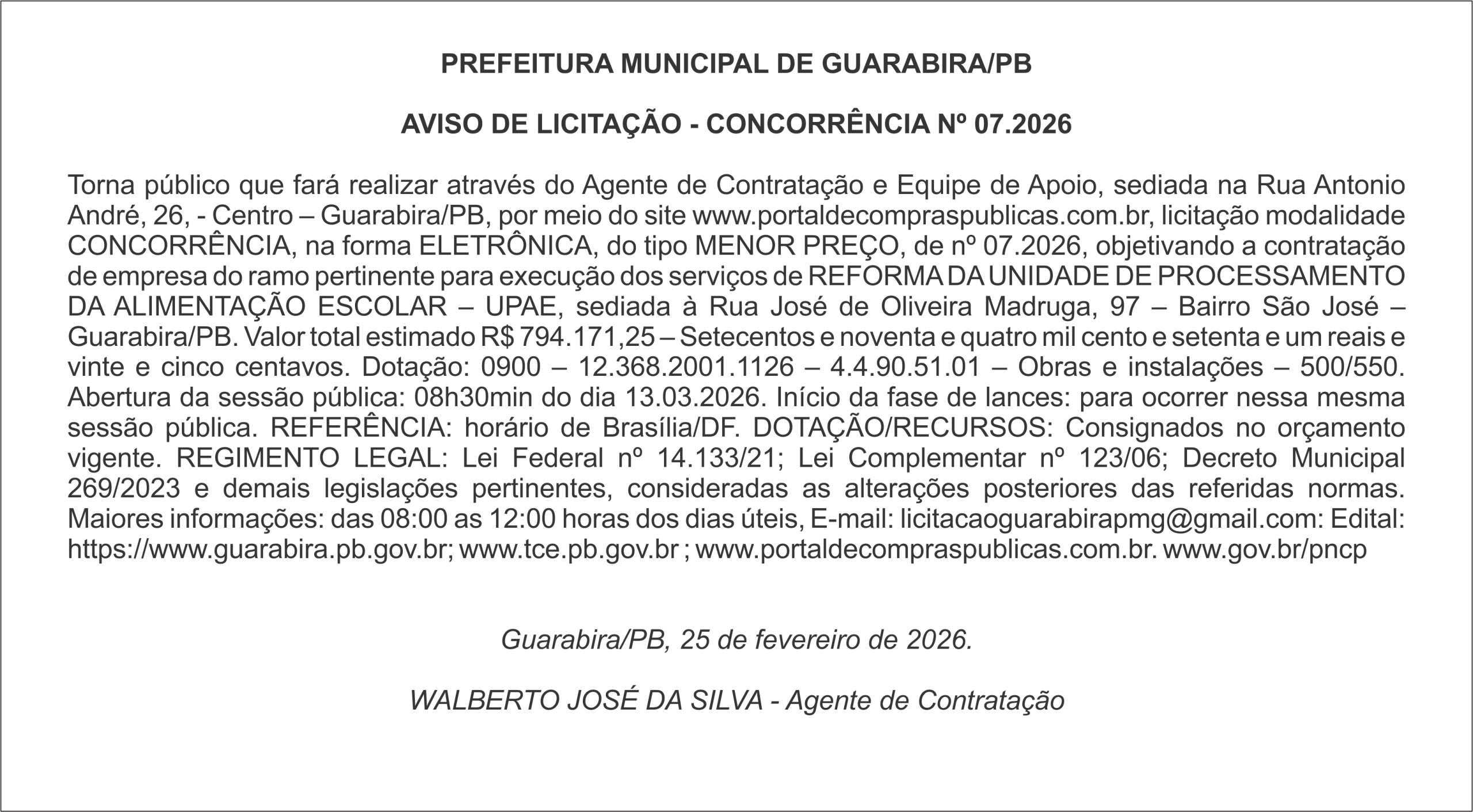 PREFEITURA MUNICIPAL DE GUARABIRA/PB AVISO DE LICITAÇÃO – CONCORRÊNCIA Nº 07.2026