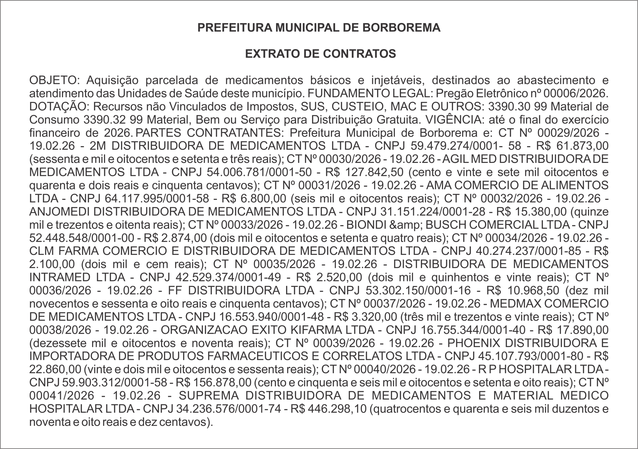PREFEITURA MUNICIPAL DE BORBOREMA – EXTRATO DE CONTRATOS