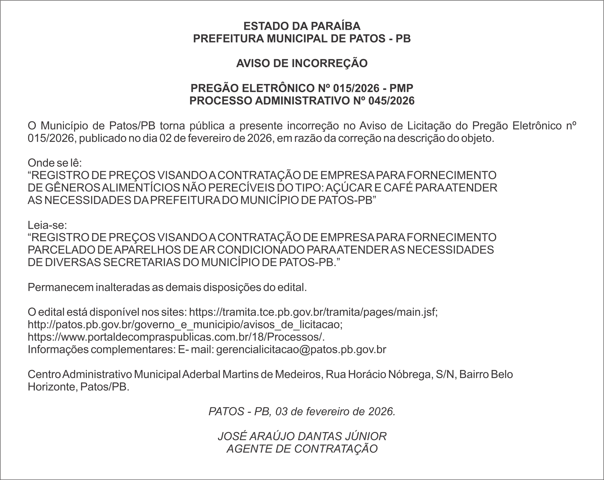 PREFEITURA MUNICIPAL DE PATOS – PB – PREGÃO ELETRÔNICO Nº 015/2026 – PMP