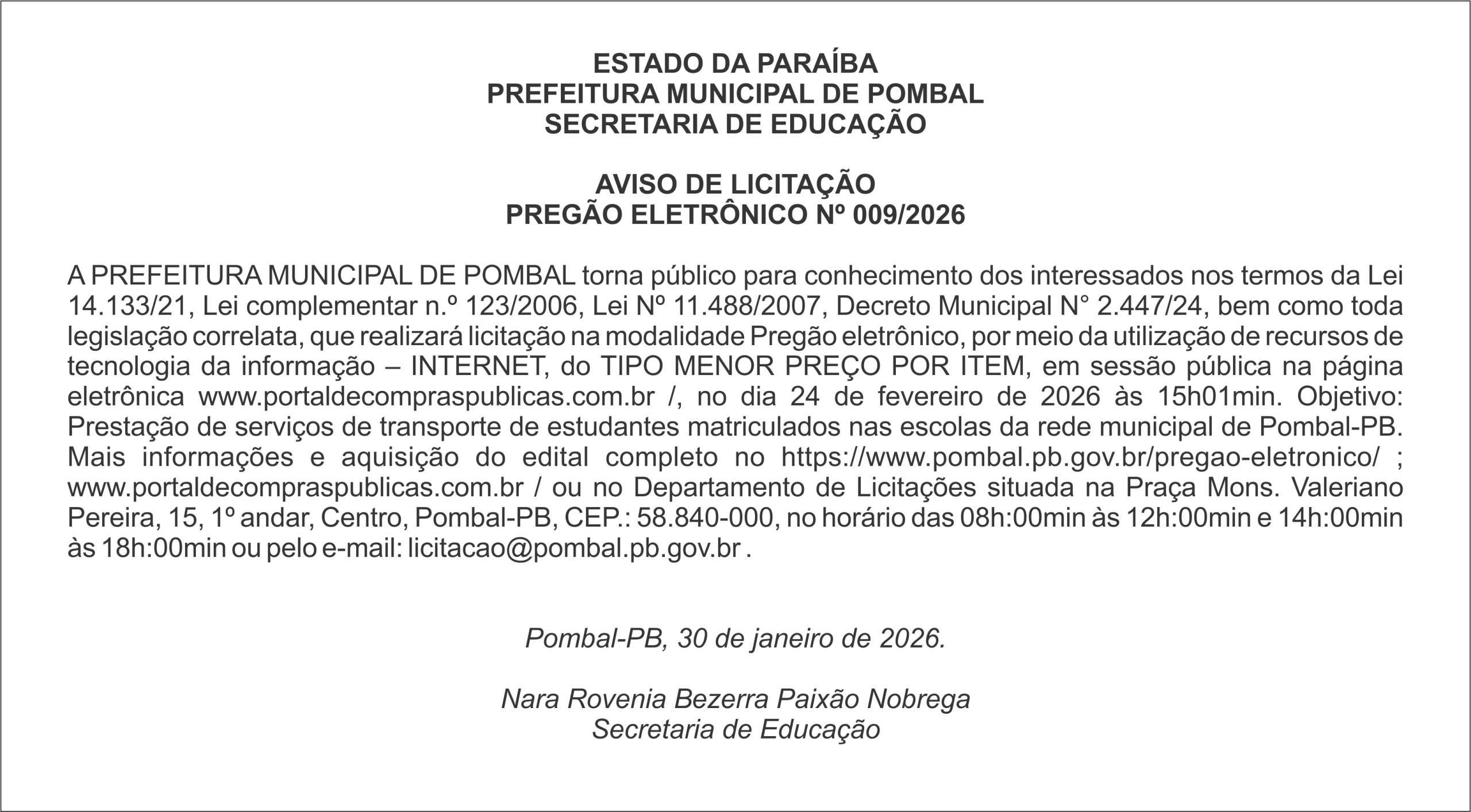 PREFEITURA MUNICIPAL DE POMBAL – AVISO DE LICITAÇÃO – PREGÃO ELETRÔNICO Nº 009/2026