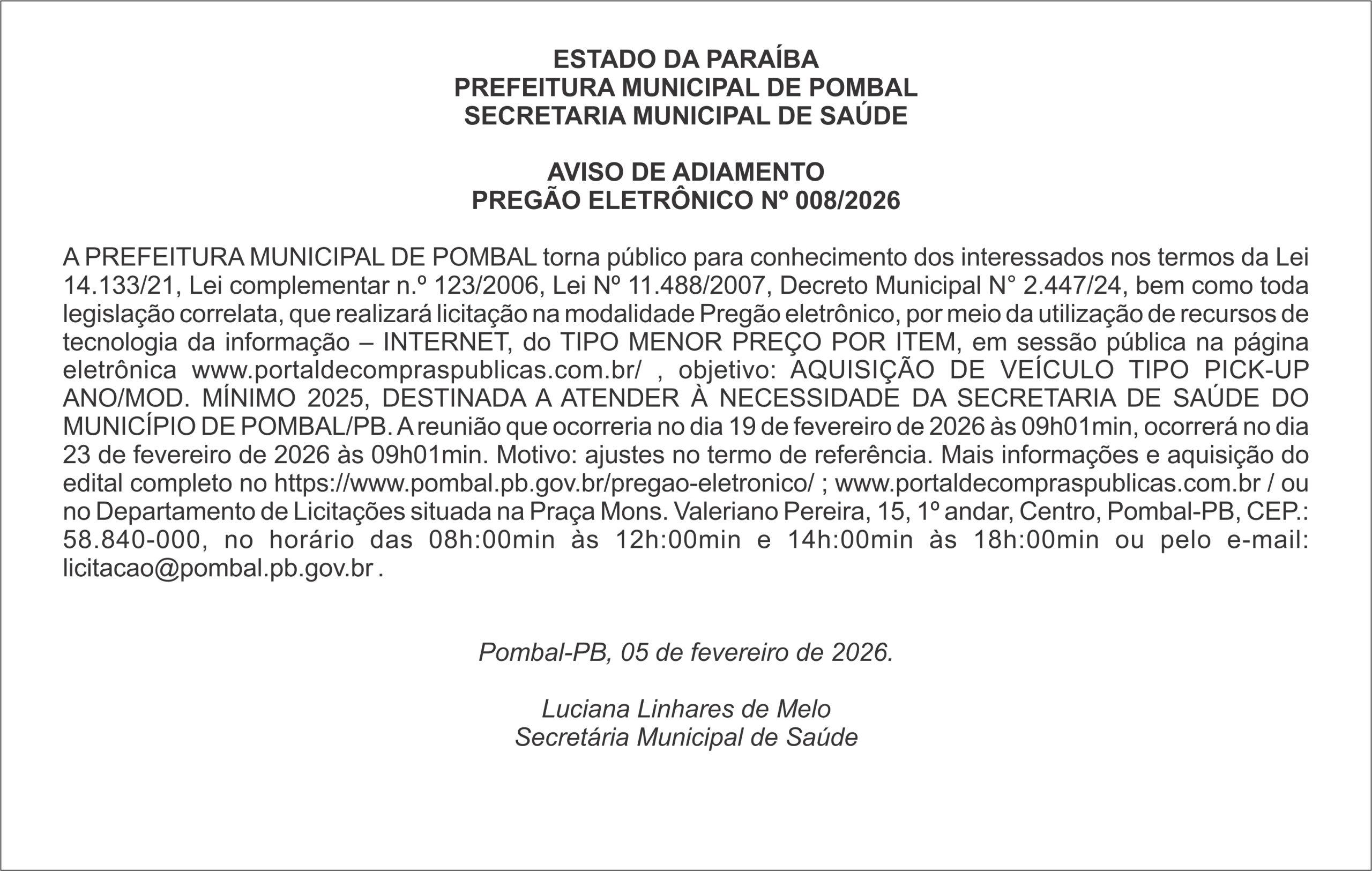 PREFEITURA MUNICIPAL DE POMBAL – AVISO DE ADIAMENTO – PREGÃO ELETRÔNICO Nº 008/2026