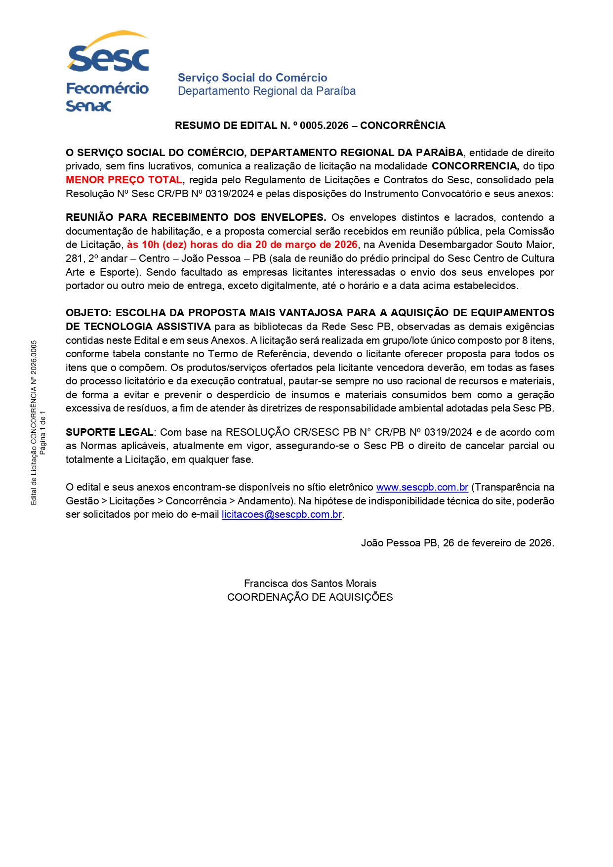 SESC – RESUMO DE EDITAL N. º 0005.2026 – CONCORRÊNCIA