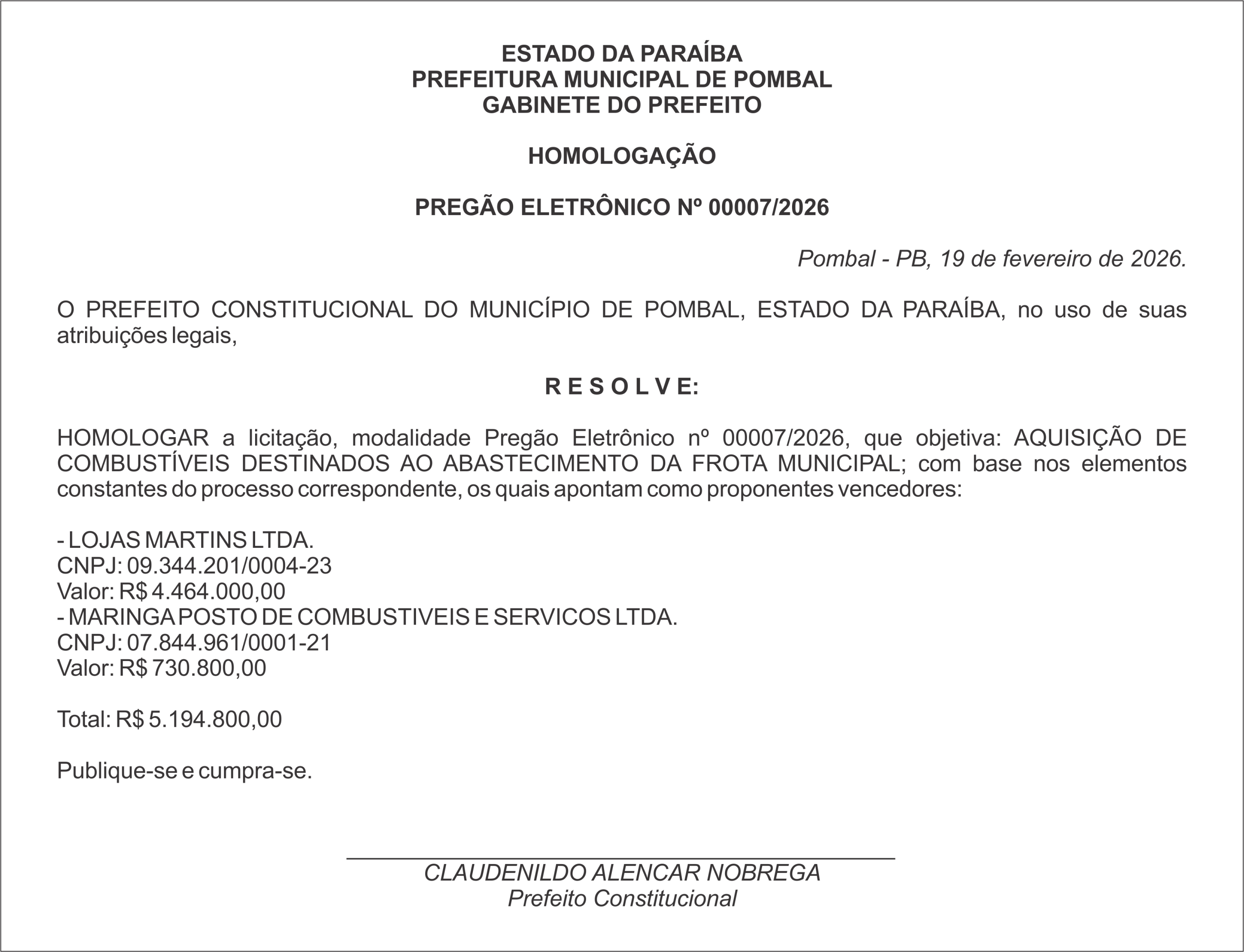 PREFEITURA MUNICIPAL DE POMBAL – HOMOLOGAÇÃO  PREGÃO ELETRÔNICO Nº 00007/2026