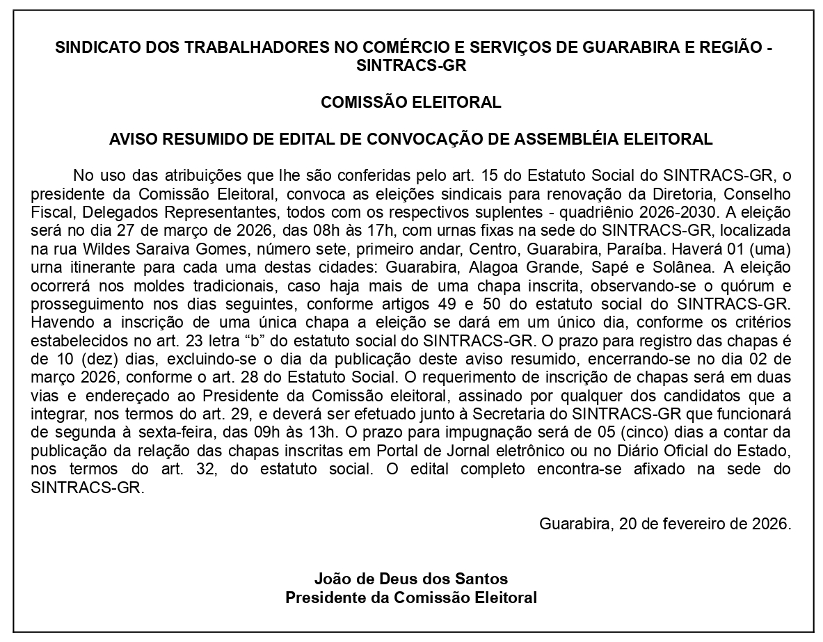 SINTRACS-GR – AVISO RESUMIDO DE EDITAL DE CONVOCAÇÃO DE ASSEMBLEIA ELEITORAL