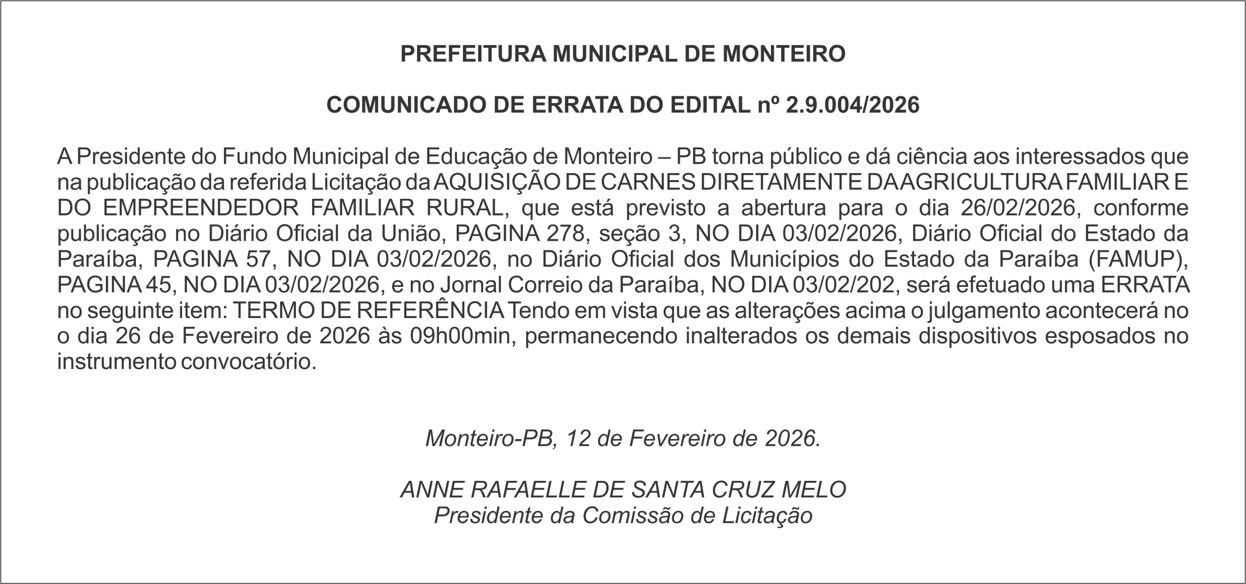 PREFEITURA MUNICIPAL DE MONTEIRO – COMUNICADO DE ERRATA DO EDITAL nº 2.9.004/2026