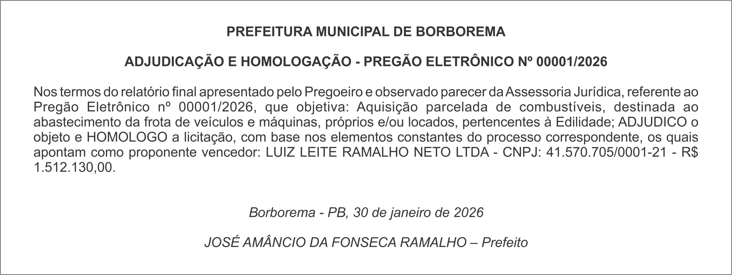 PREFEITURA MUNICIPAL DE BORBOREMA – ADJUDICAÇÃO E HOMOLOGAÇÃO – PREGÃO ELETRÔNICO Nº 00001/2026