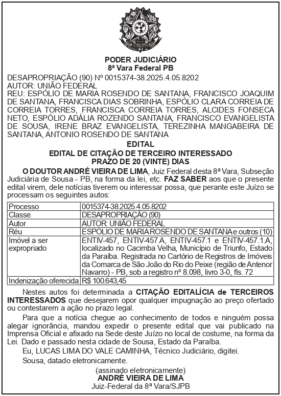 SECRETARIA NACIONAL DE SEGURANÇA HIDRICA – SNSH – MDR – DF – BRASÍLIA – Edital de Citação de Terceiro Interessado – ENTIV-457 (ESPÓLIO DE MARIA ROSENDO DE SANTANA)