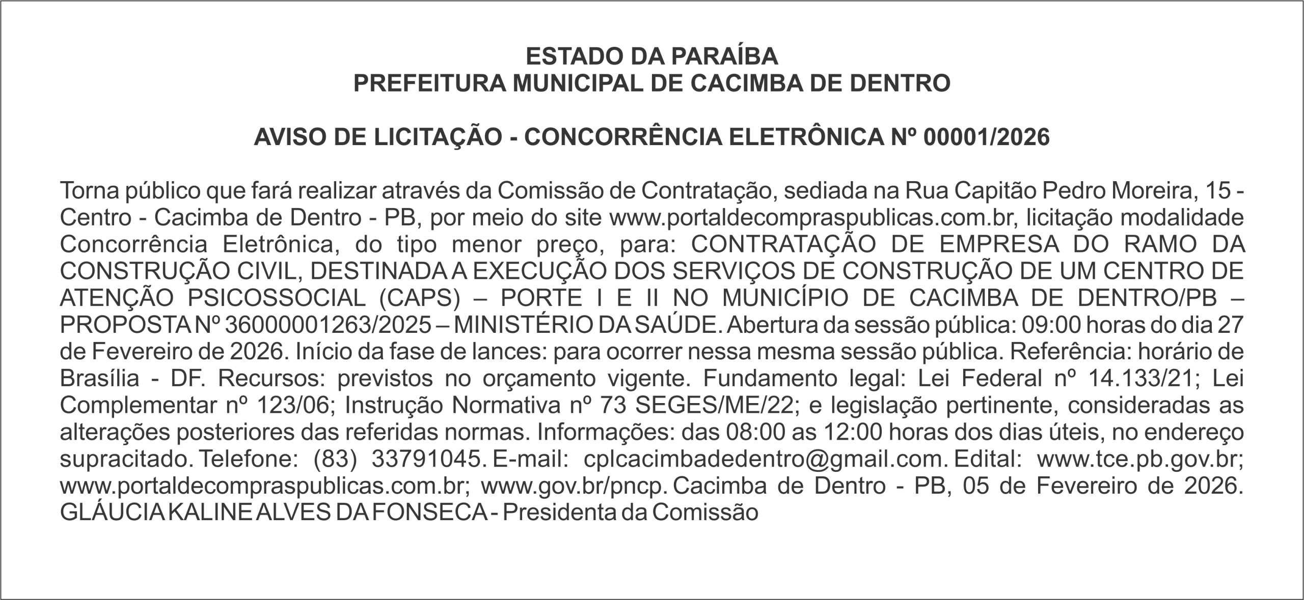 PREFEITURA MUNICIPAL DE CACIMBA DE DENTRO – AVISO DE LICITAÇÃO – CONCORRÊNCIA ELETRÔNICA Nº 00001/2026