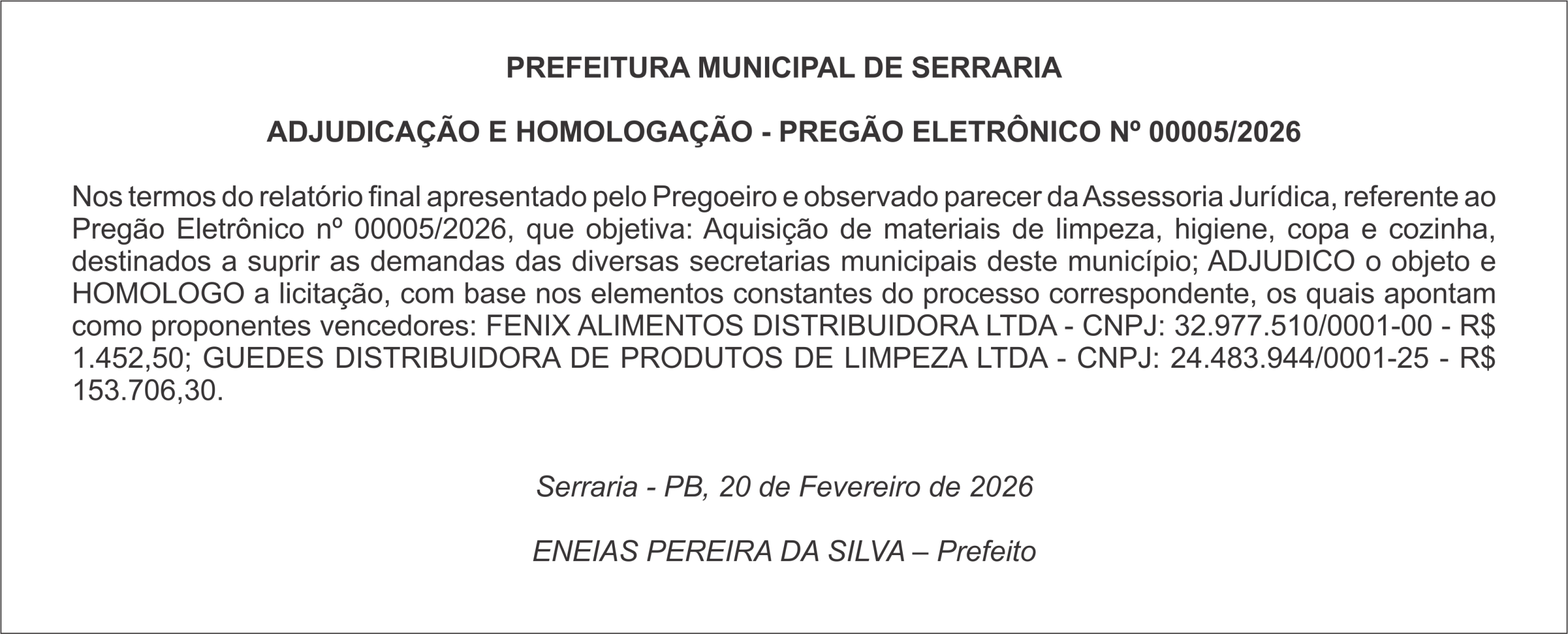 PREFEITURA MUNICIPAL DE SERRARIA – ADJUDICAÇÃO E HOMOLOGAÇÃO – PREGÃO ELETRÔNICO Nº 00005/2026