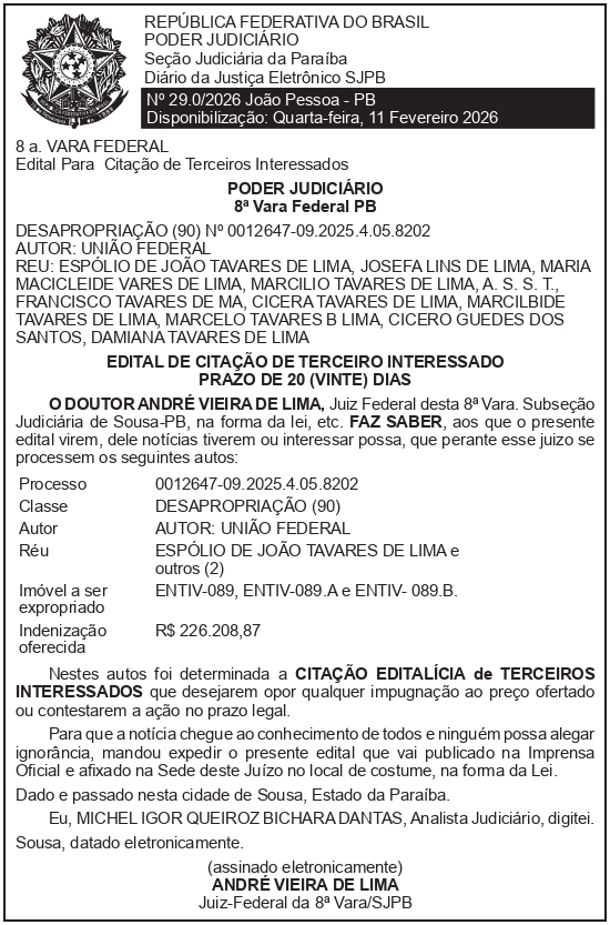 SECRETARIA NACIONAL DE SEGURANÇA HIDRICA – SNSH – MDR – DF – BRASÍLIA – Edital de Citação de Terceiro Interessado – ENTIV-089 ENTIV-089.A e ENTIV-089.B (ESPÓLIO DE JOÃO TAVARES DE LIMA)