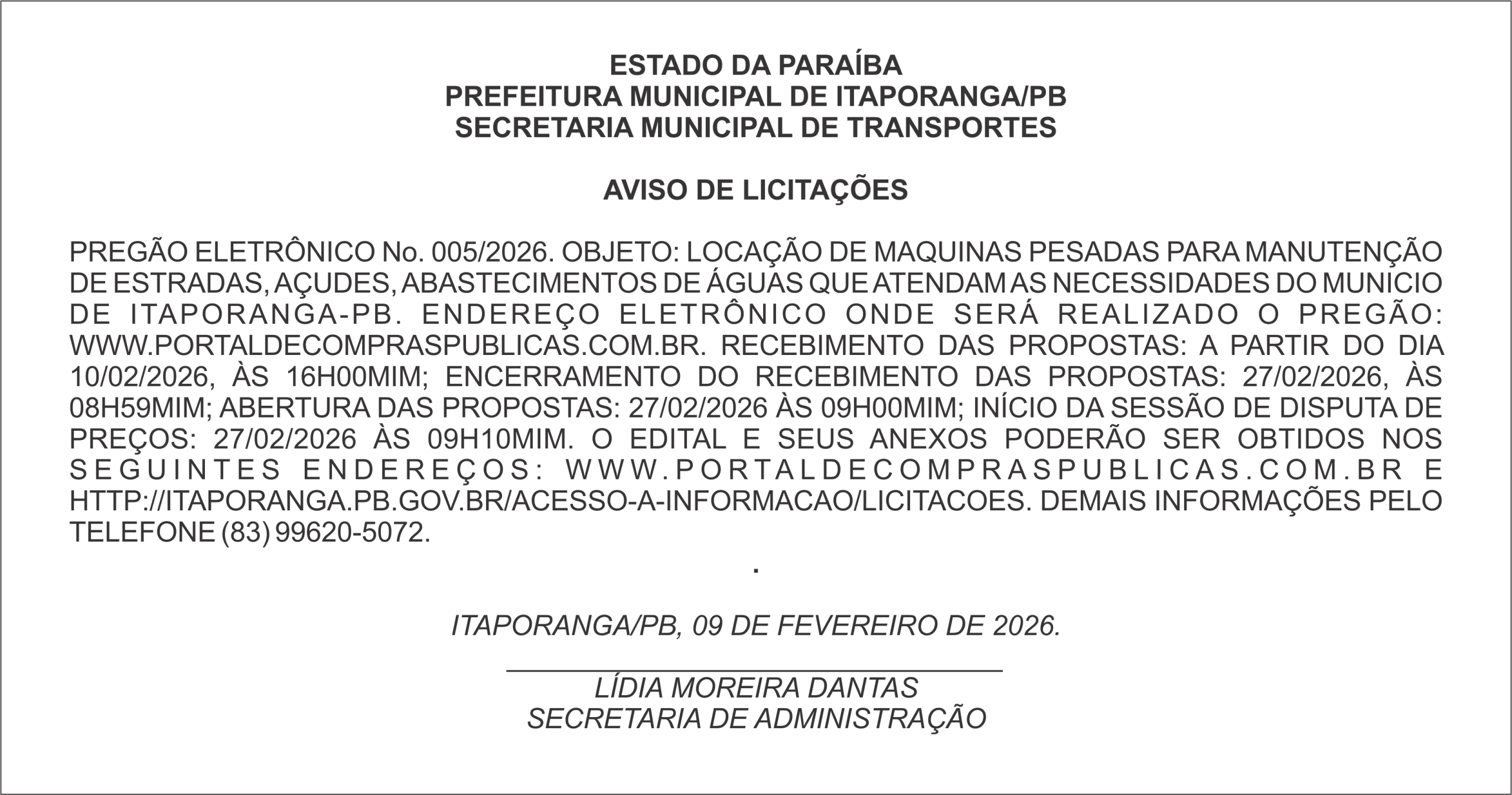 PREFEITURA MUNICIPAL DE ITAPORANGA/PB – AVISO DE LICITAÇÕES – PREGÃO ELETRÔNICO No. 005/2026.