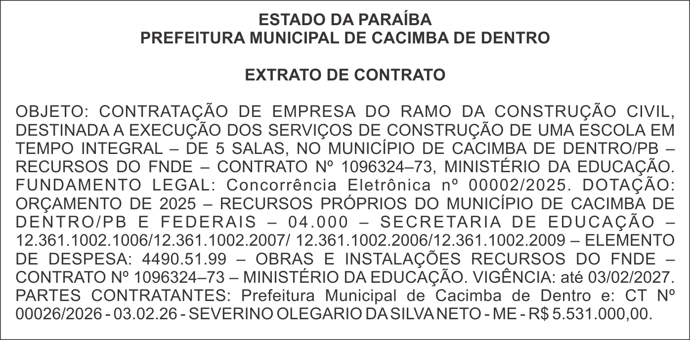 PREFEITURA MUNICIPAL DE CACIMBA DE DENTRO – EXTRATO DE CONTRATO