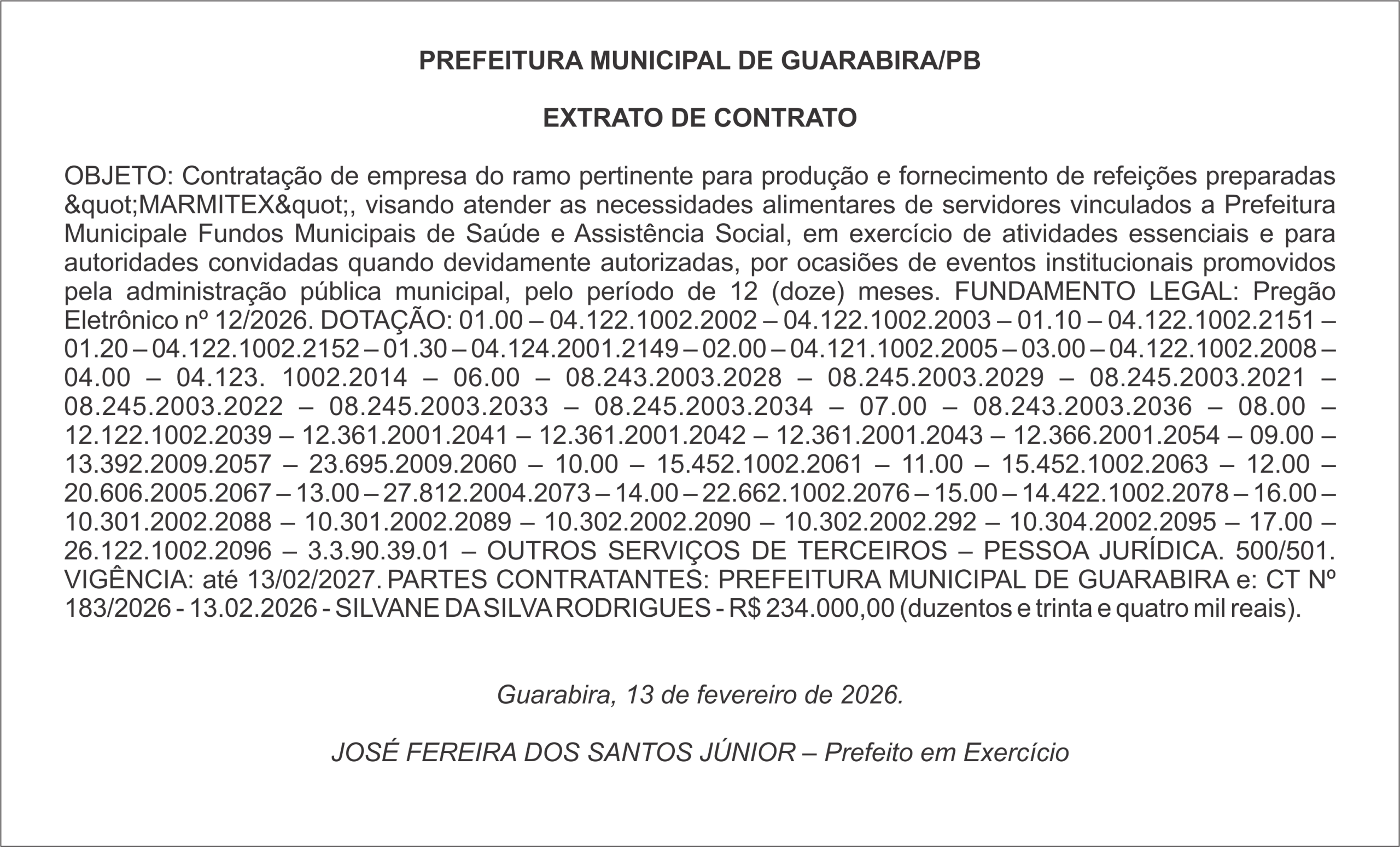PREFEITURA MUNICIPAL DE GUARABIRA/PB – EXTRATO DE CONTRATO