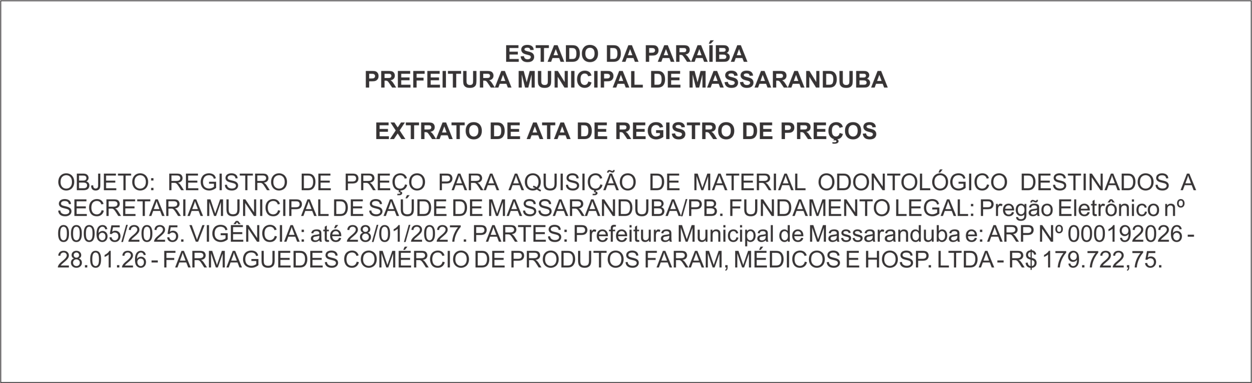 PREFEITURA MUNICIPAL DE MASSARANDUBA – EXTRATO DE ATA DE REGISTRO DE PREÇOS