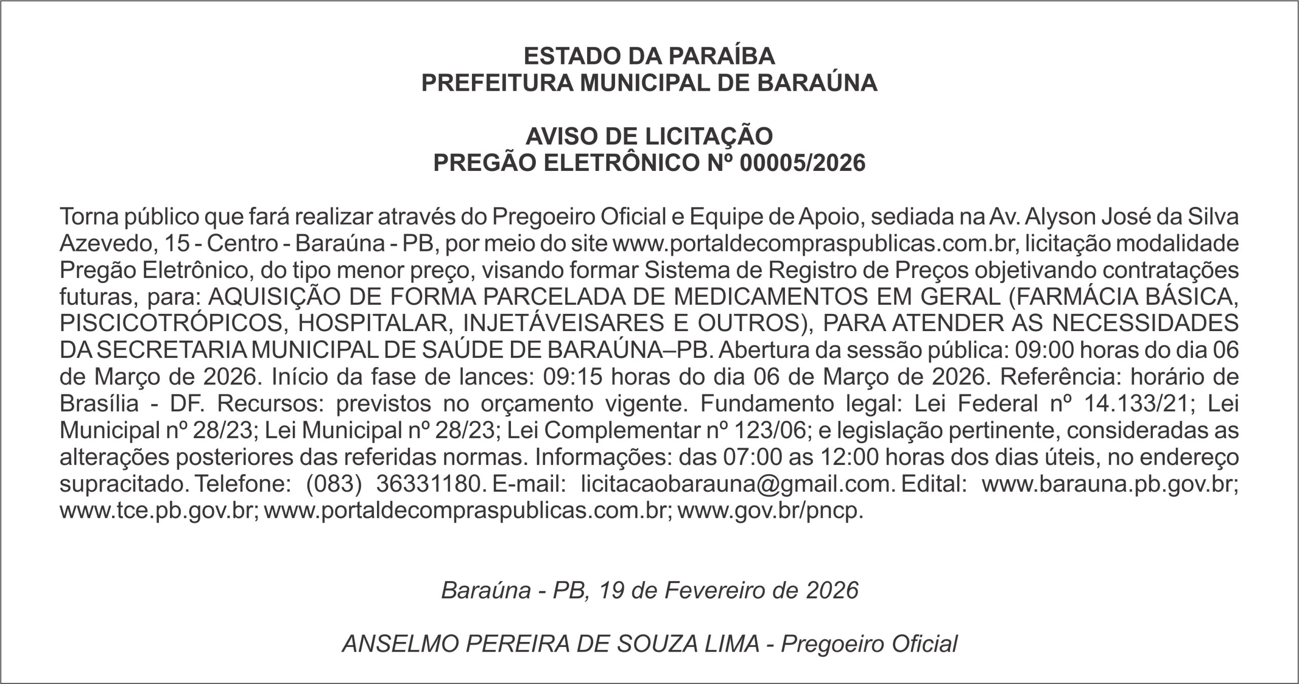 PREFEITURA MUNICIPAL DE BARAÚNA – AVISO DE LICITAÇÃO – PREGÃO ELETRÔNICO Nº 00005/2026