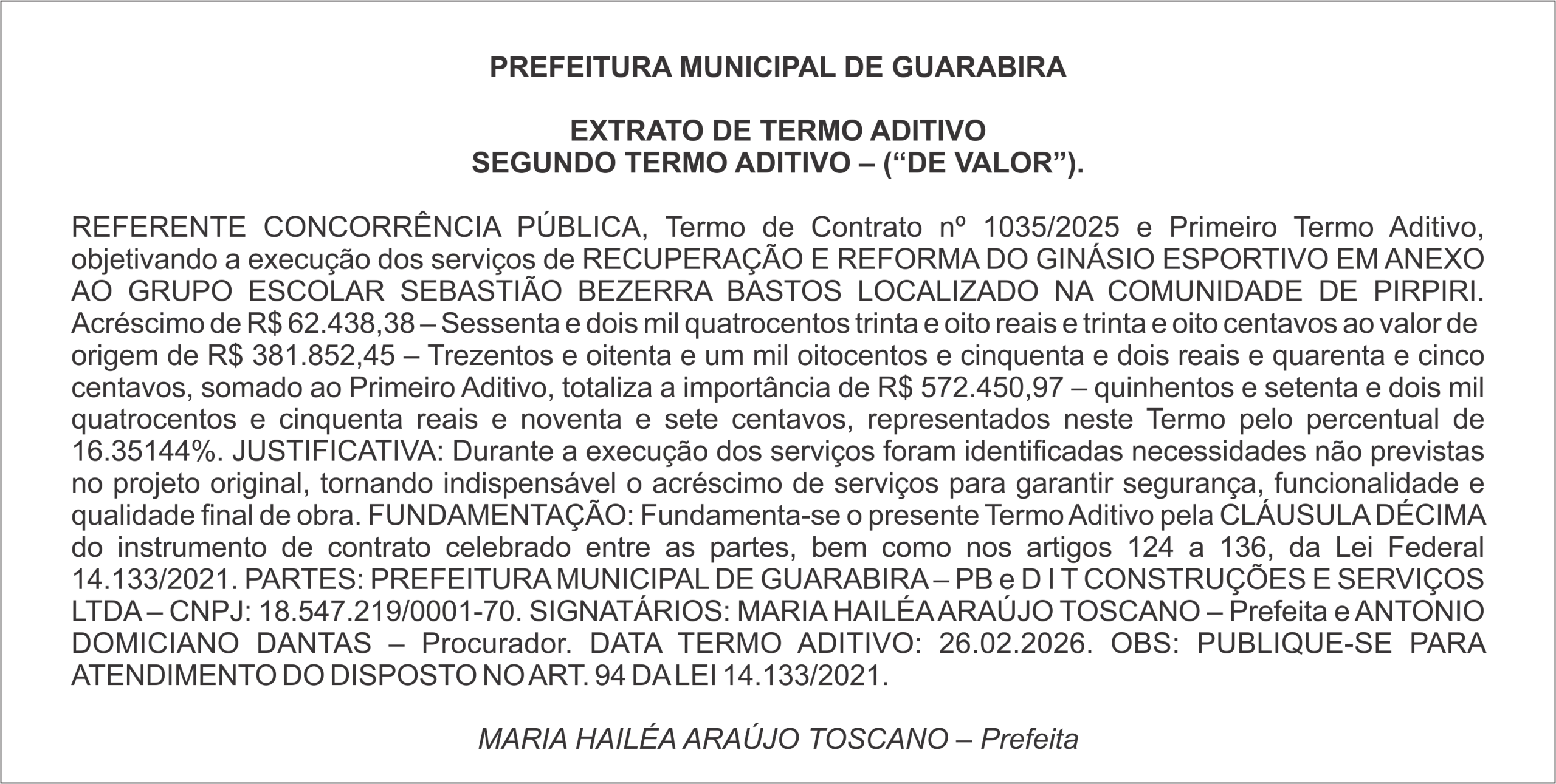 PREFEITURA MUNICIPAL DE GUARABIRA EXTRATO DE TERMO ADITIVO