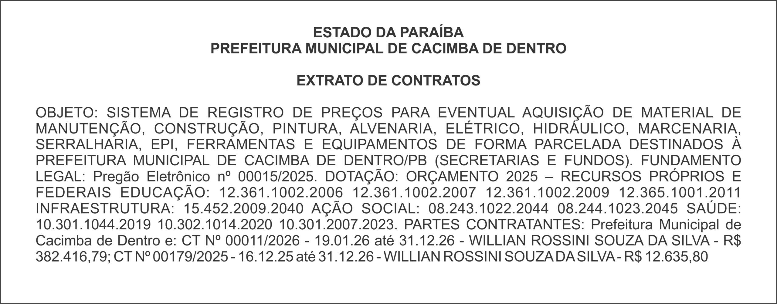 PREFEITURA MUNICIPAL DE CACIMBA DE DENTRO – EXTRATO DE CONTRATOS