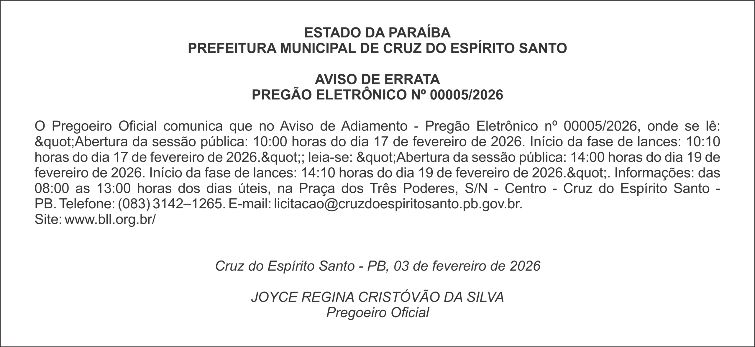PREFEITURA MUNICIPAL DE CRUZ DO ESPÍRITO SANTO – AVISO DE ERRATA – PREGÃO ELETRÔNICO Nº 00005/2026