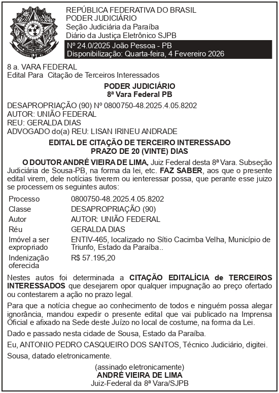 SECRETARIA NACIONAL DE SEGURANÇA HIDRICA – SNSH – MDR – DF – BRASÍLIA – Edital de Citação de Terceiro Interessado – ENTIV-465 (GERALDA DIAS)